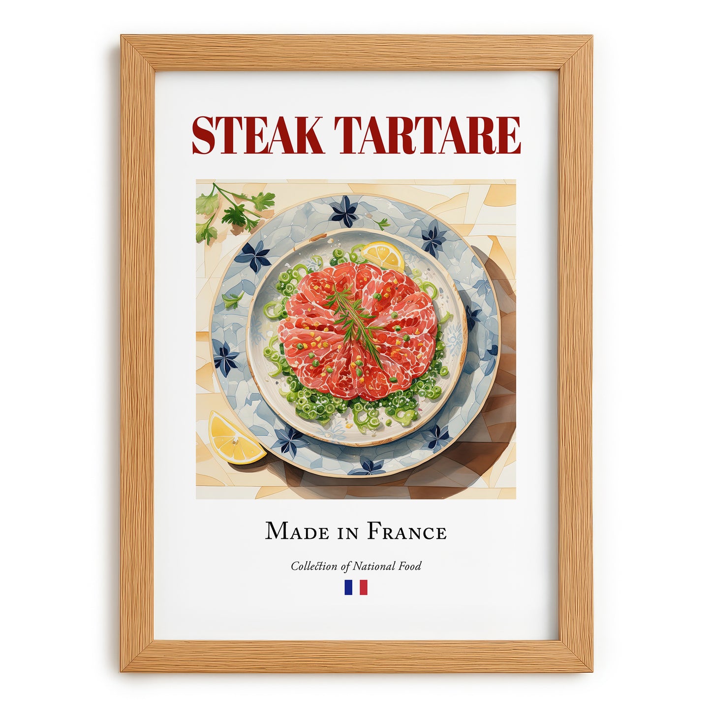 Steak tartare – French Dish, Bistro Still Life, set in oak frame