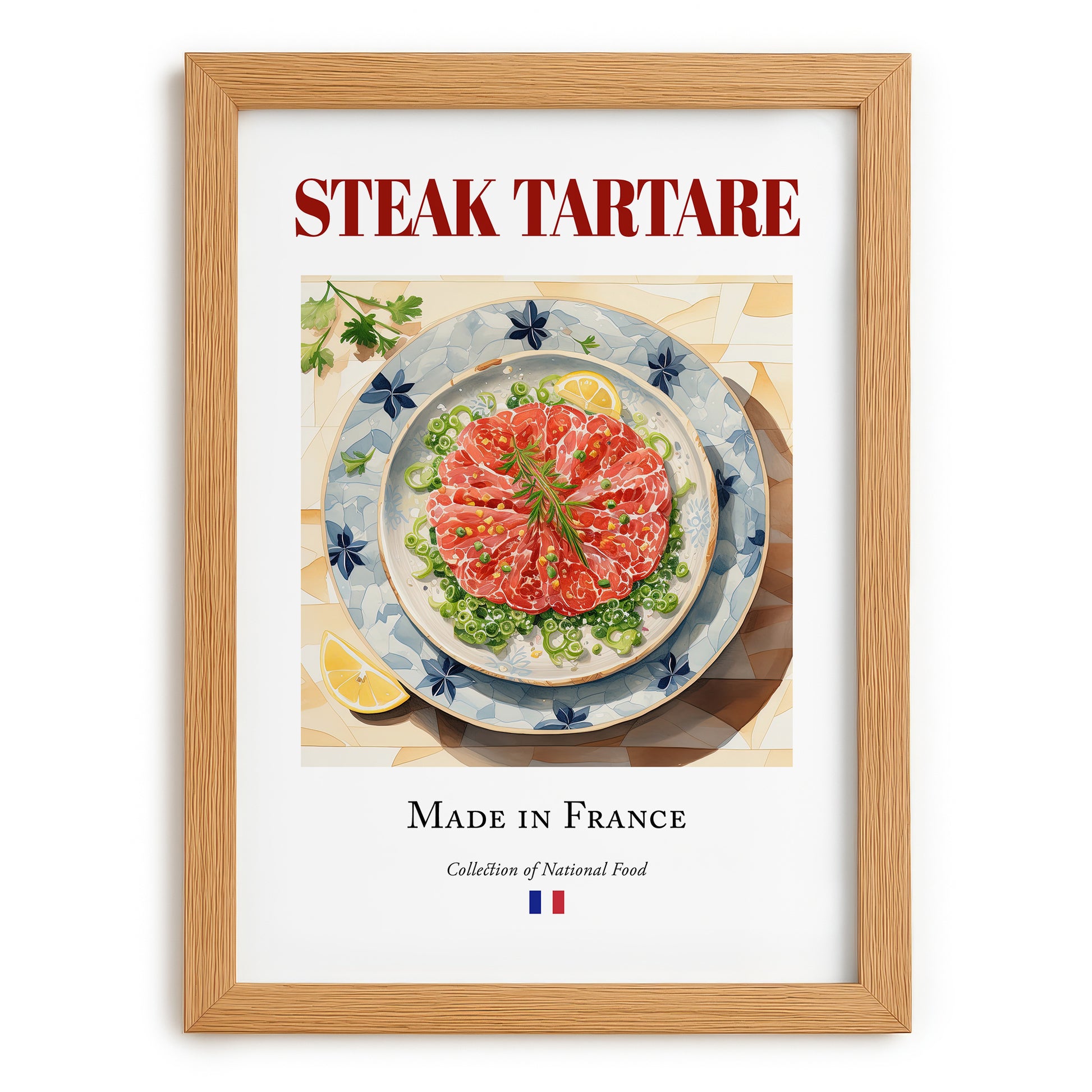 Steak tartare – French Dish, Bistro Still Life, set in oak frame