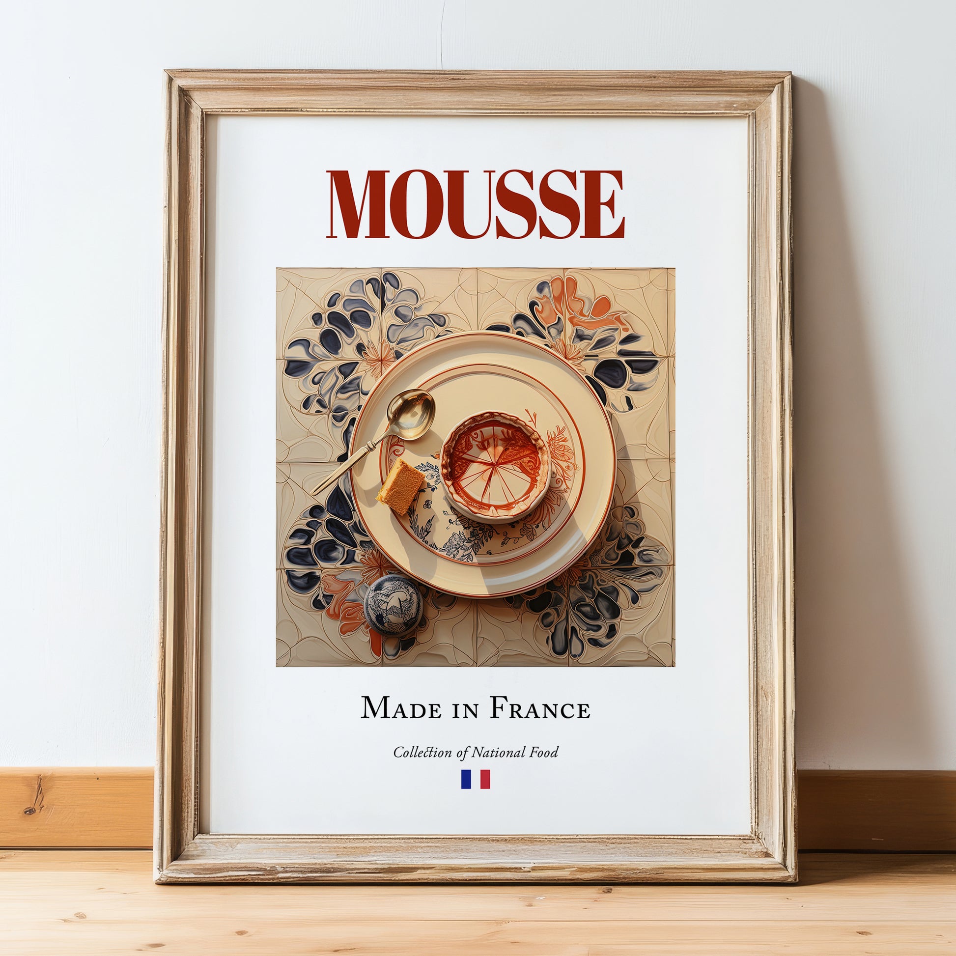 Mousse – French Dish, Tavern Wall Art, in wooden frame leaning on the floor