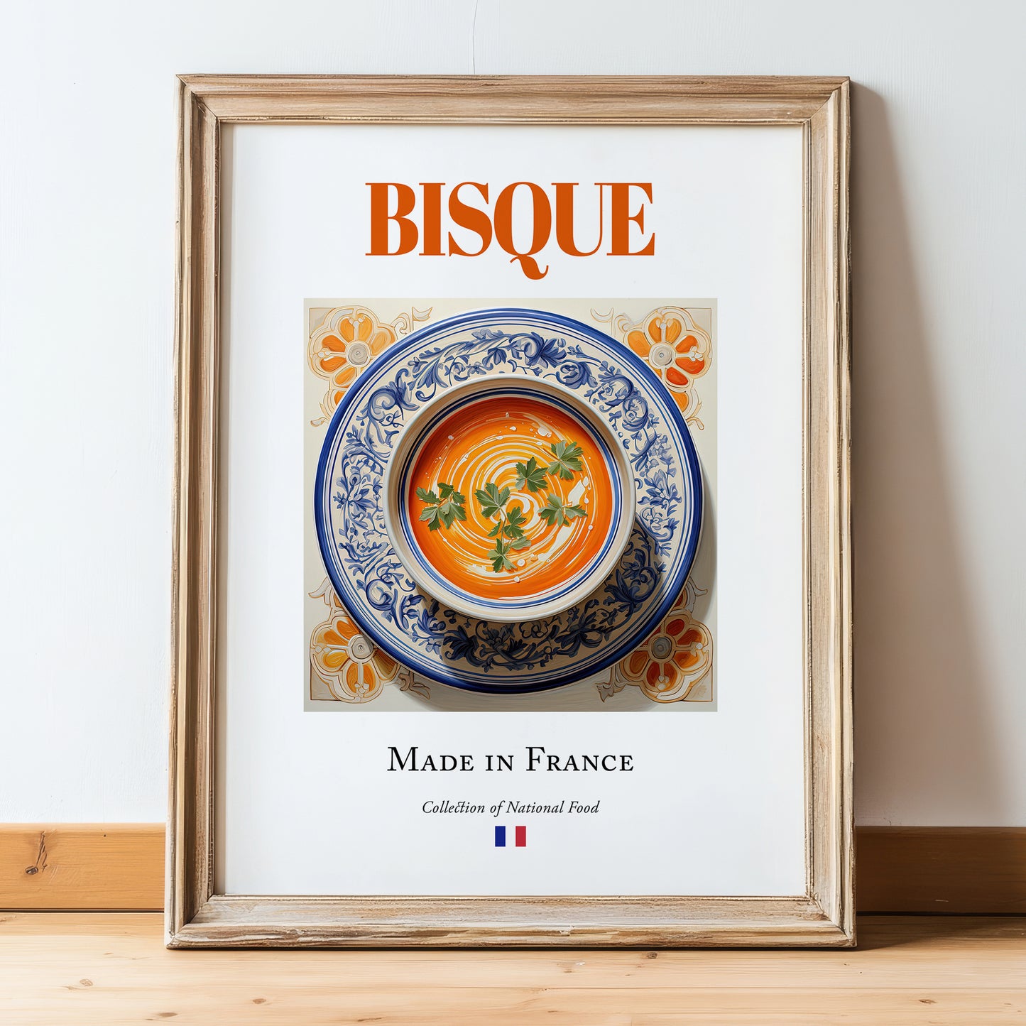 Bisque – French Soup Dish, Food Bar Painting, in wooden frame leaning on the floor