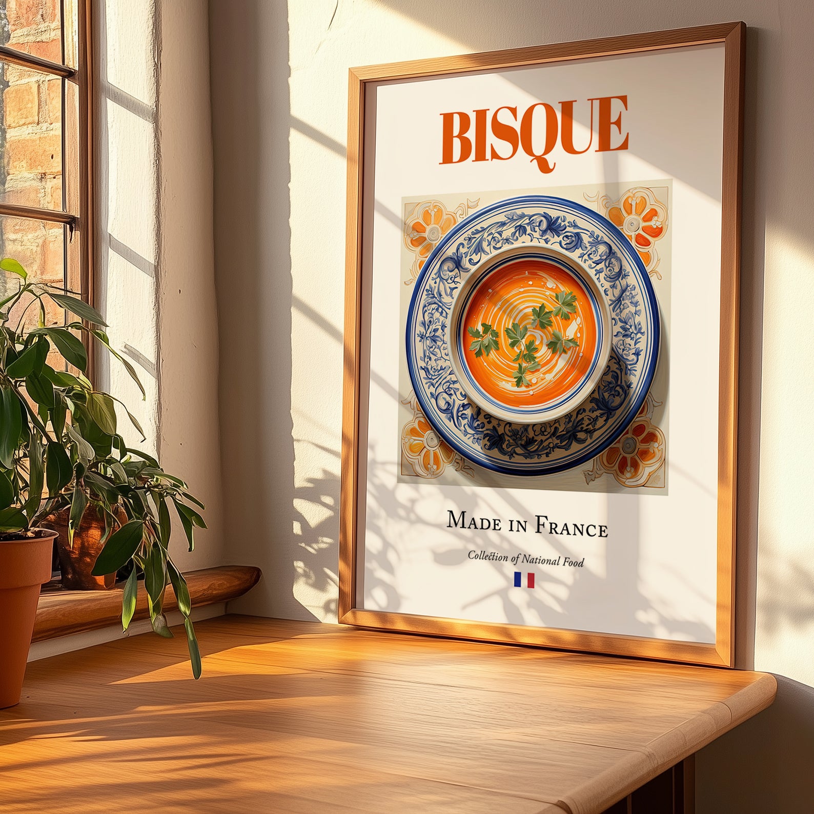 Bisque – French Soup Dish, Food Bar Painting, no-text version framed in wood