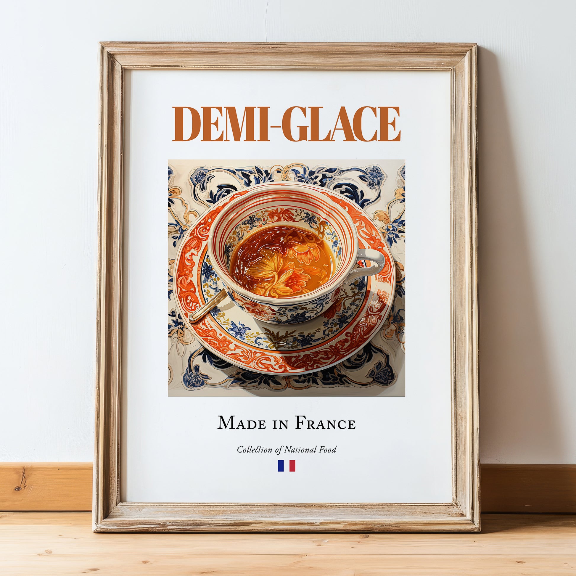 Demi-glace – French Sauce Dish, Bistro Wall Decor, in wooden frame leaning on the floor