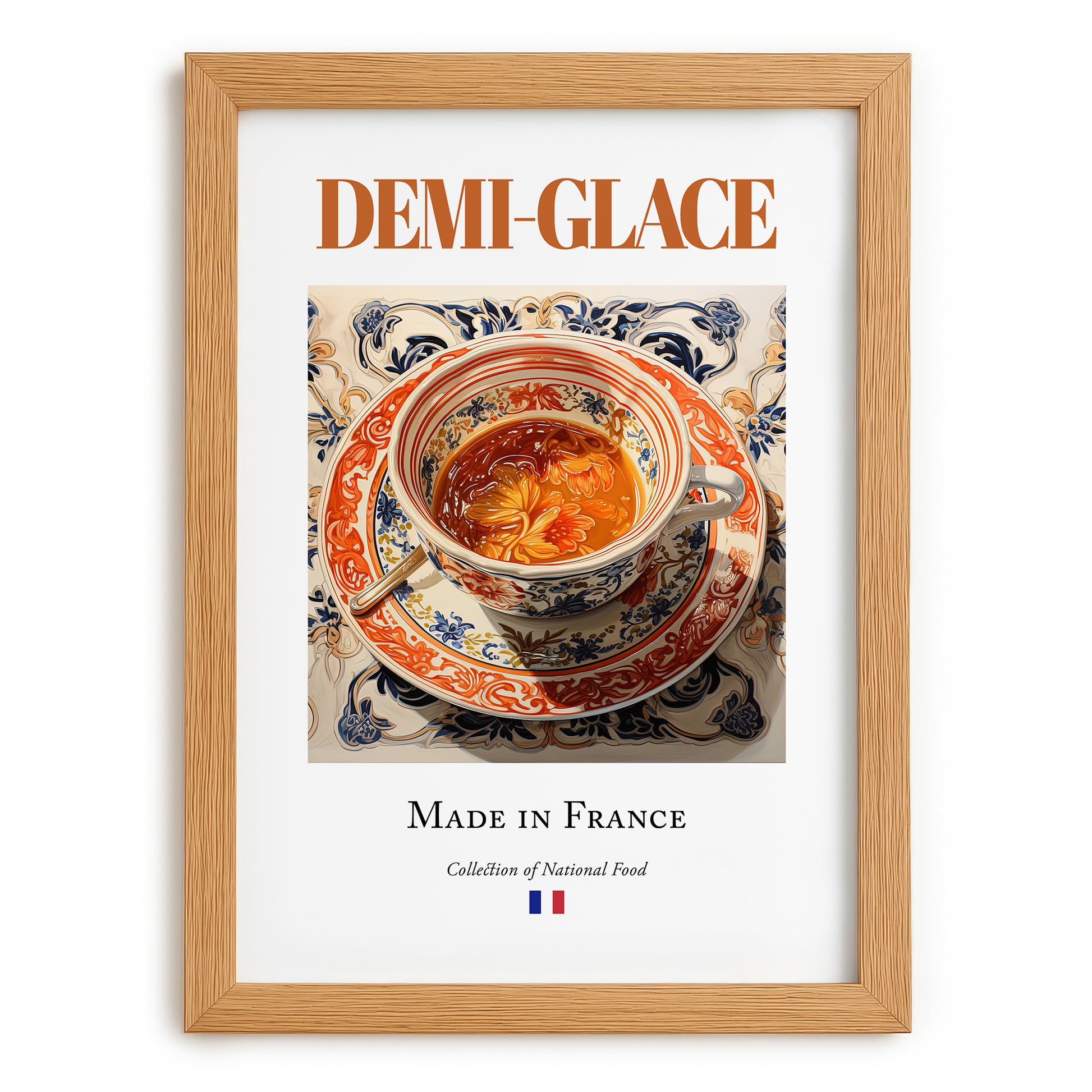 Demi-glace – French Sauce Dish, Bistro Wall Decor, set in oak frame