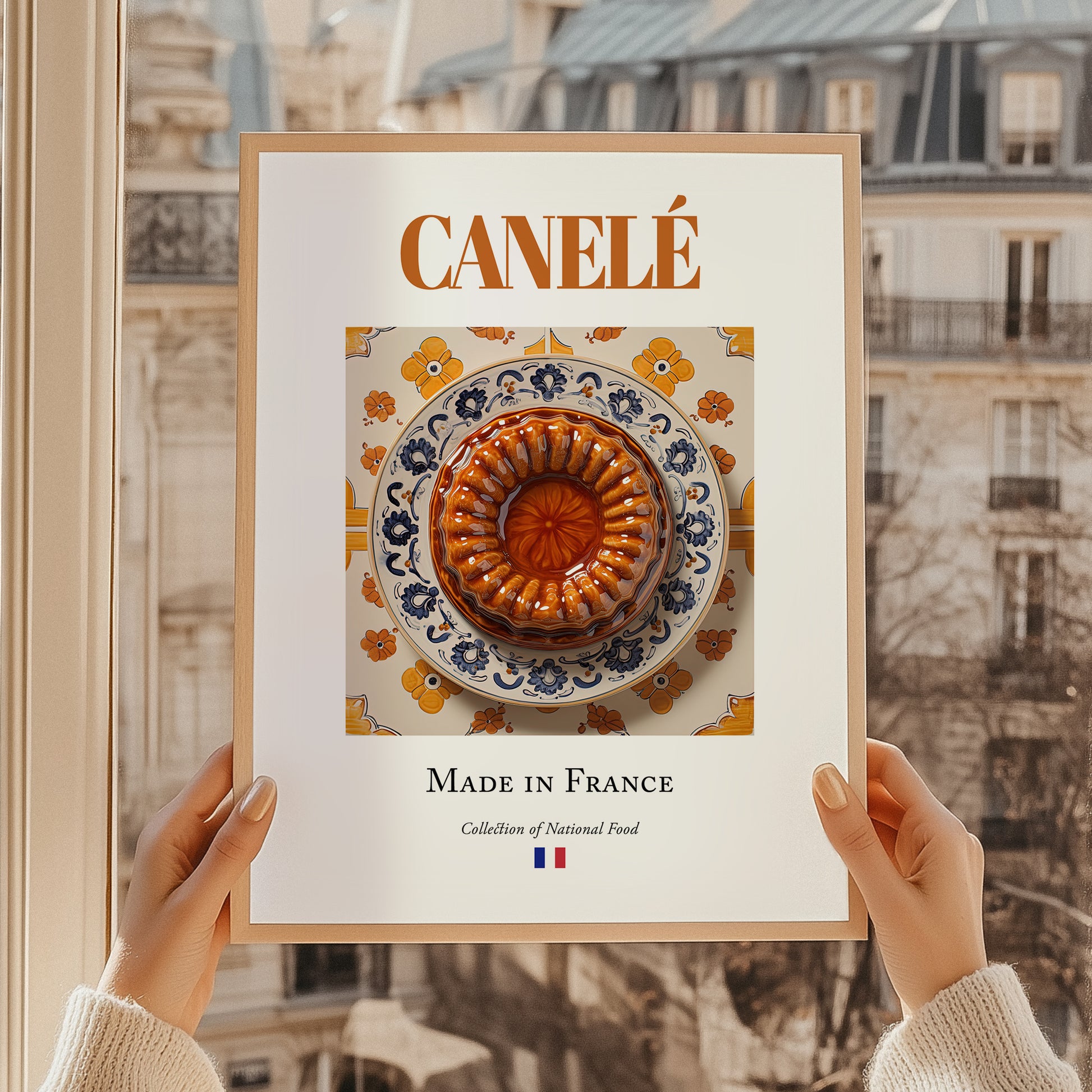 Canelé – French Dessert Dish, Food Bar Print, styled in a charming Paris street view