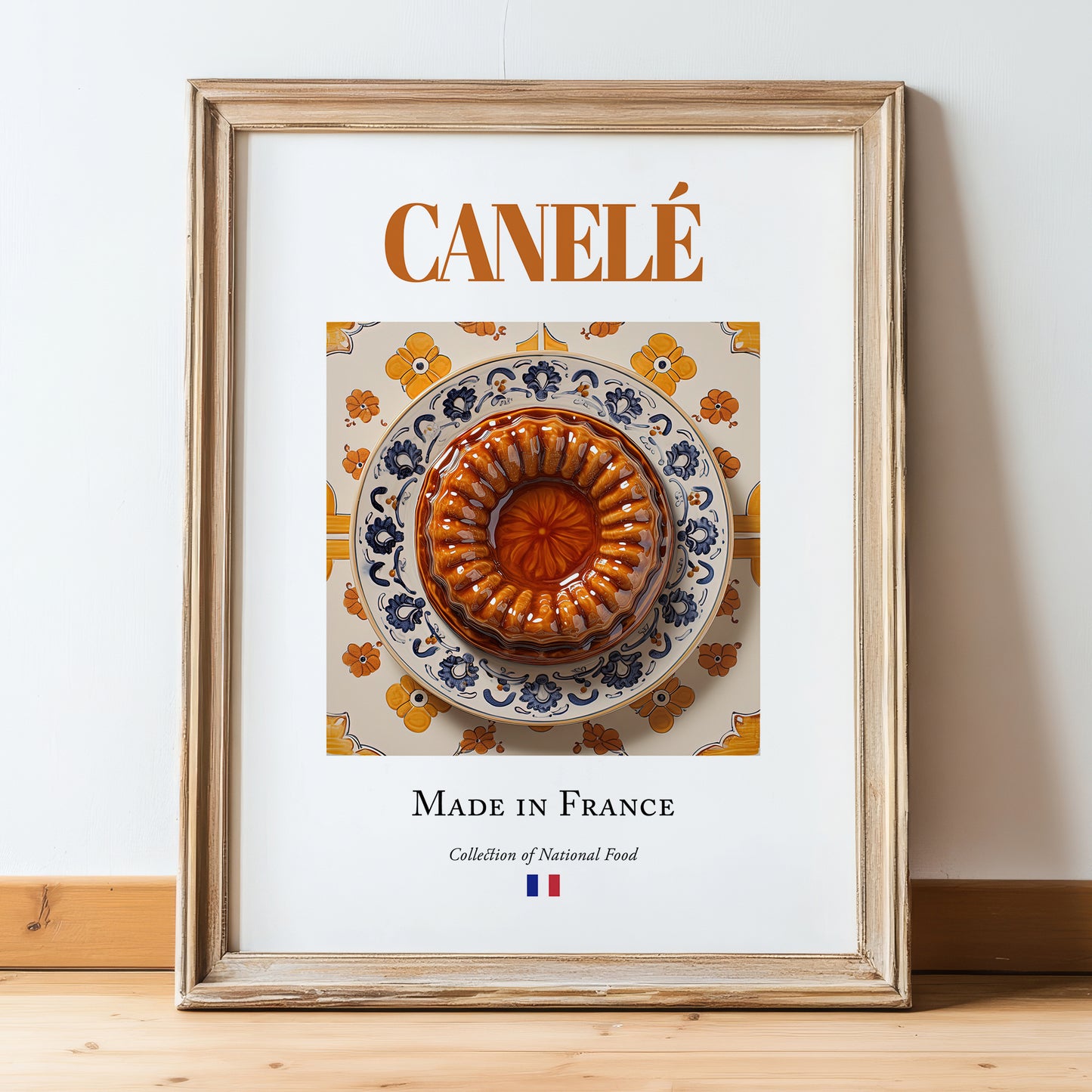 Canelé – French Dessert Dish, Food Bar Print, in wooden frame leaning on the floor