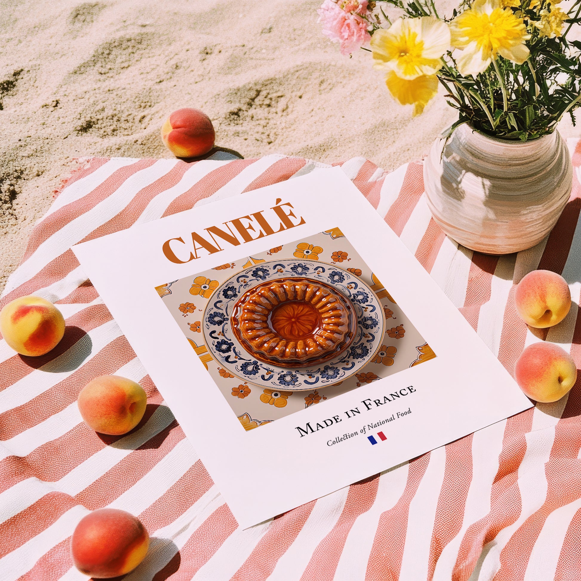 Canelé – French Dessert Dish, Food Bar Print, unframed on coastal sand