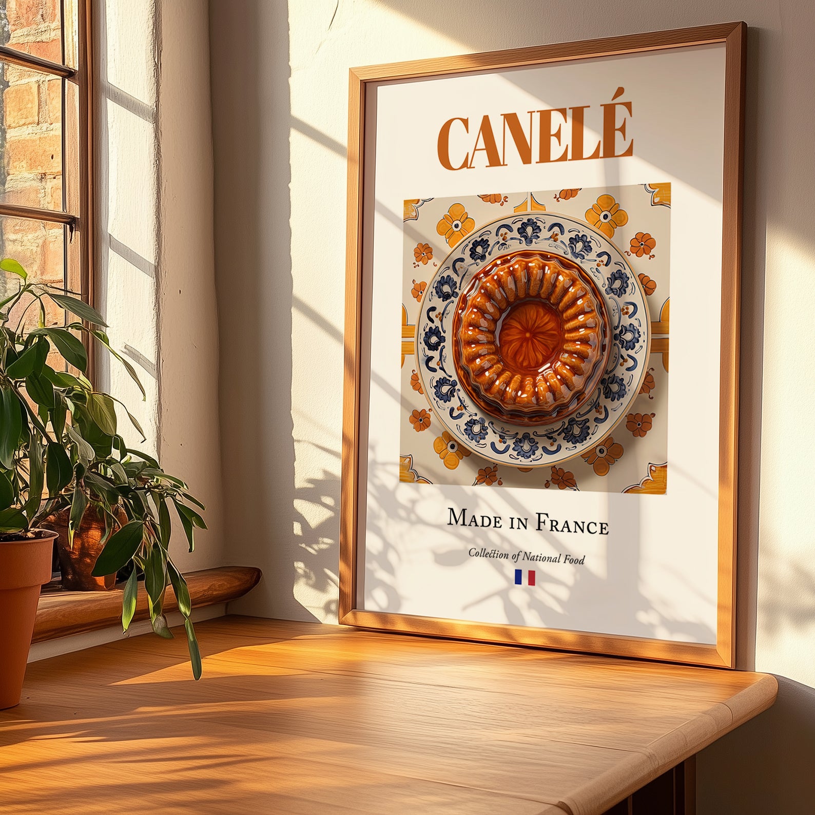 Canelé – French Dessert Dish, Food Bar Print, no-text version framed in wood