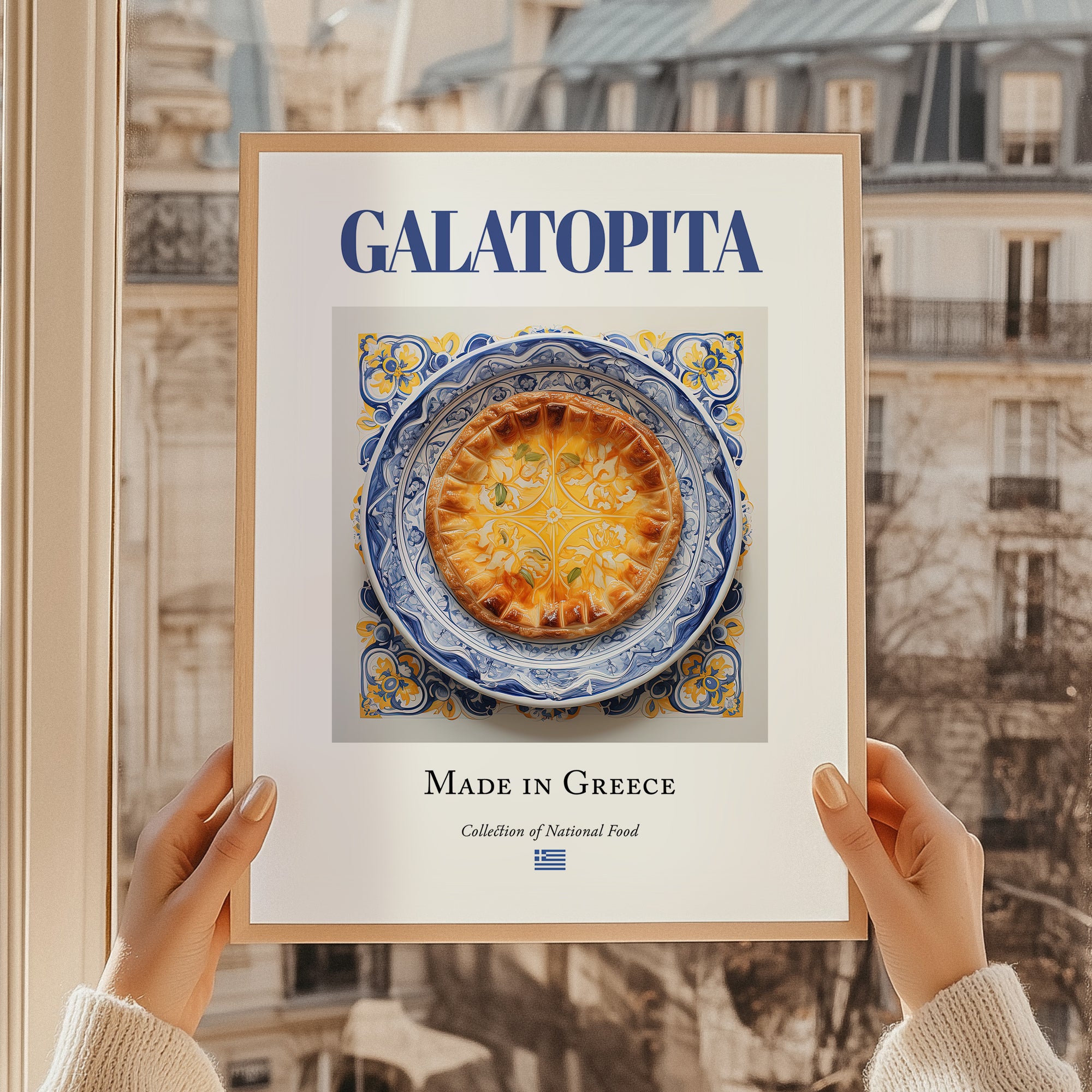 Galatopita – Greek Dish, Food Bar Poster, styled in a charming Paris street view