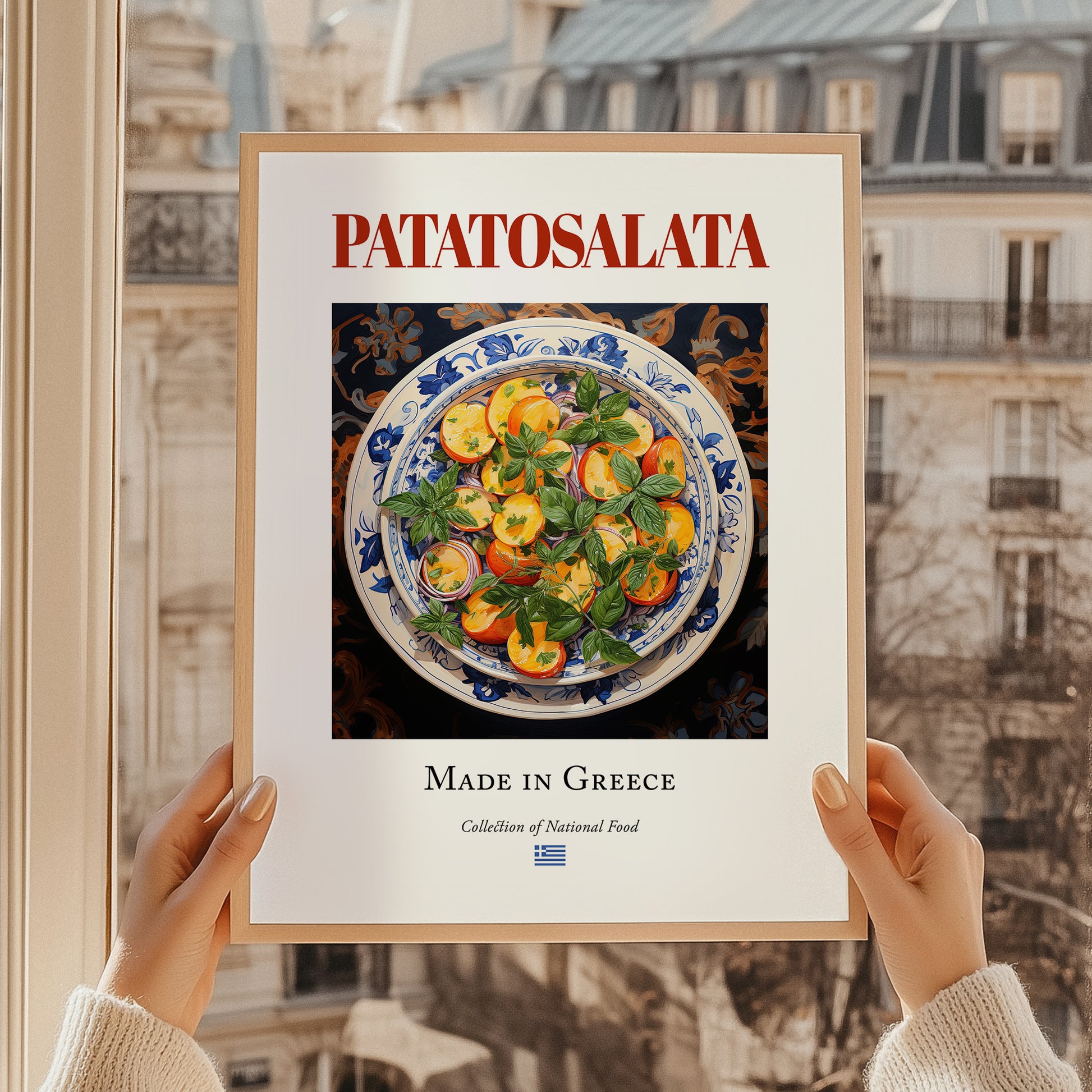 Patatosalata – Greek Salad Dish, Tavern Wall Art, styled in a charming Paris street view