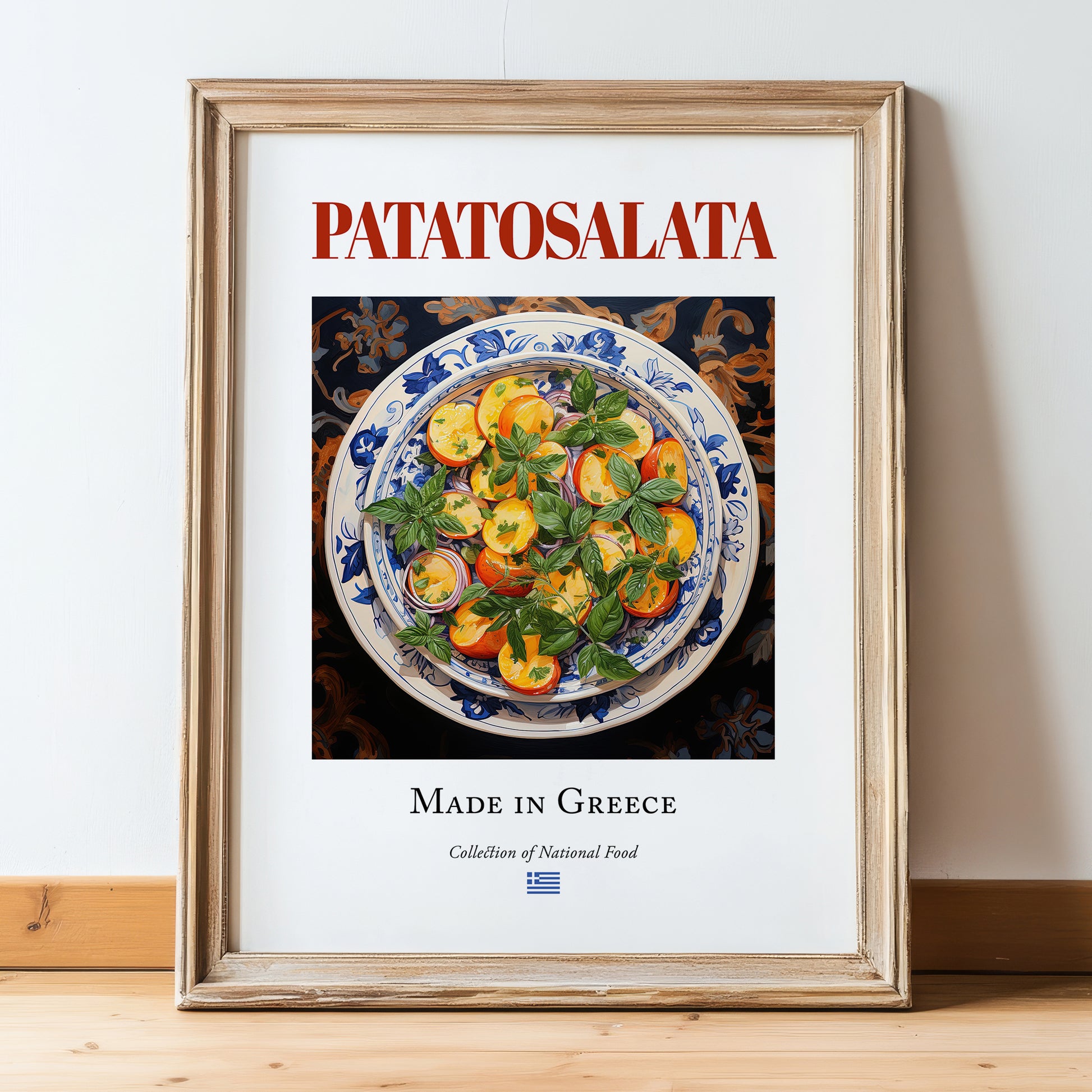 Patatosalata – Greek Salad Dish, Tavern Wall Art, in wooden frame leaning on the floor