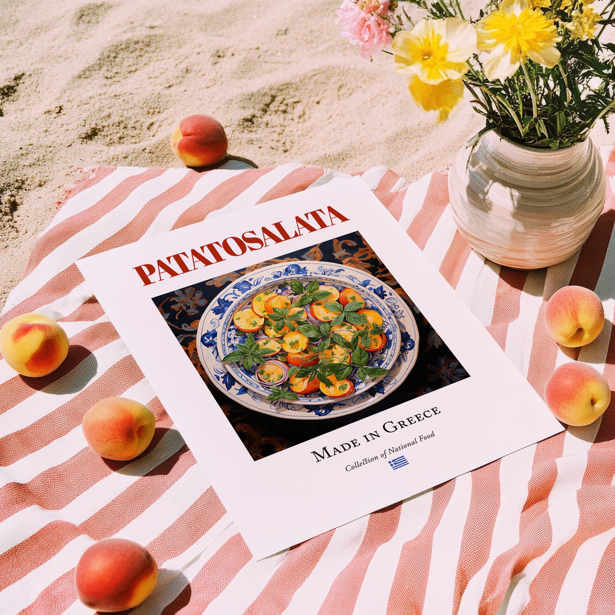 Patatosalata – Greek Salad Dish, Tavern Wall Art, unframed on coastal sand