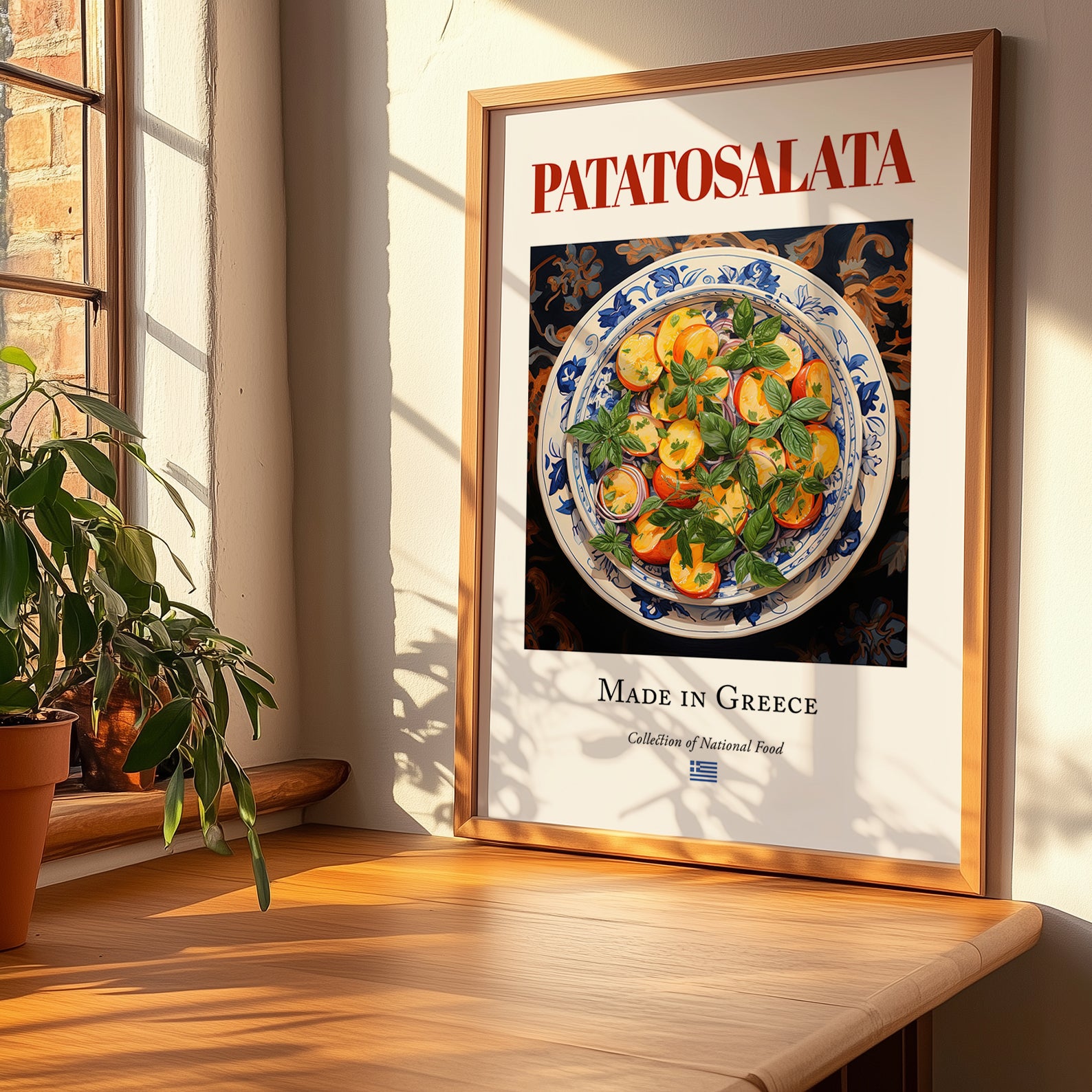 Patatosalata – Greek Salad Dish, Tavern Wall Art, no-text version framed in wood