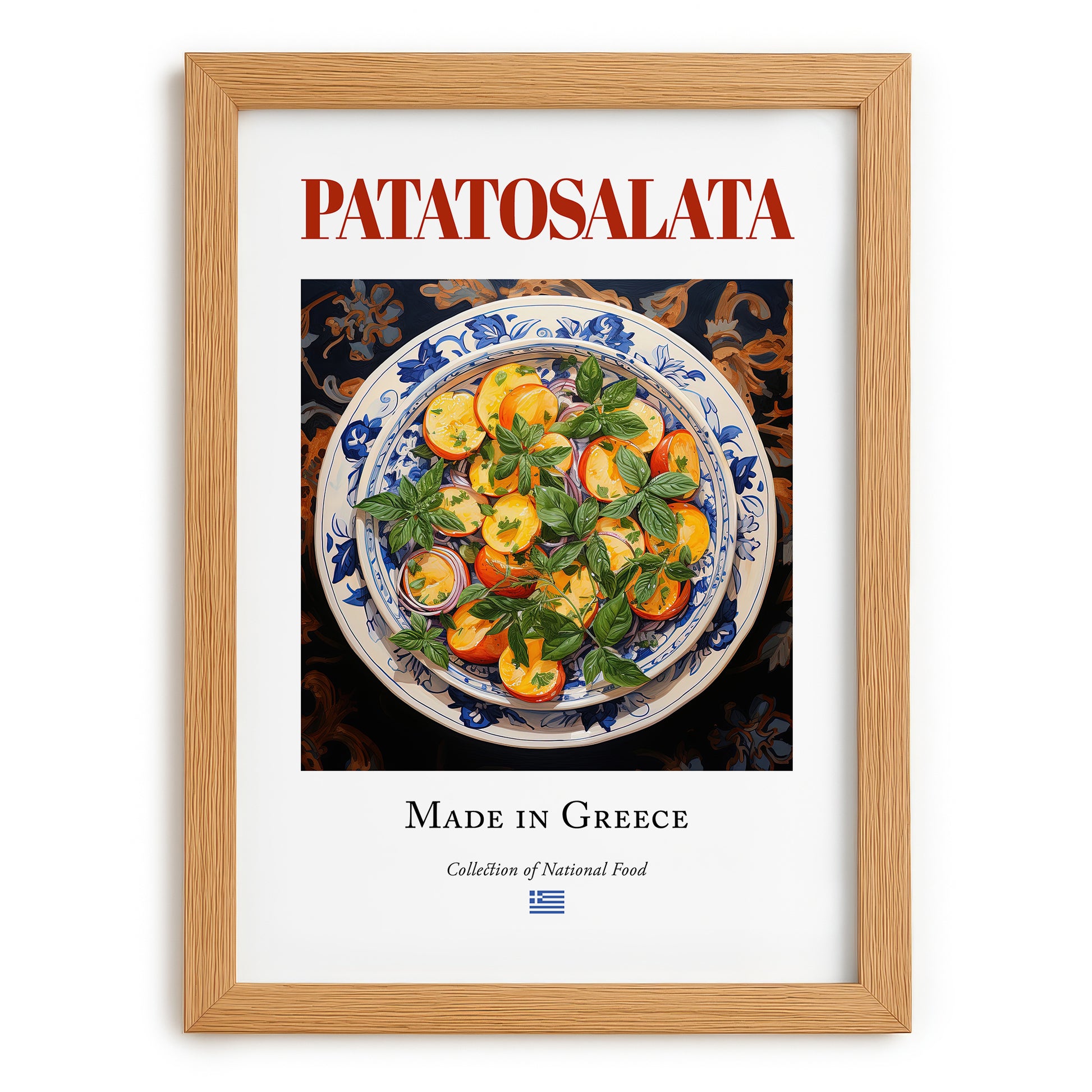 Patatosalata – Greek Salad Dish, Tavern Wall Art, set in oak frame