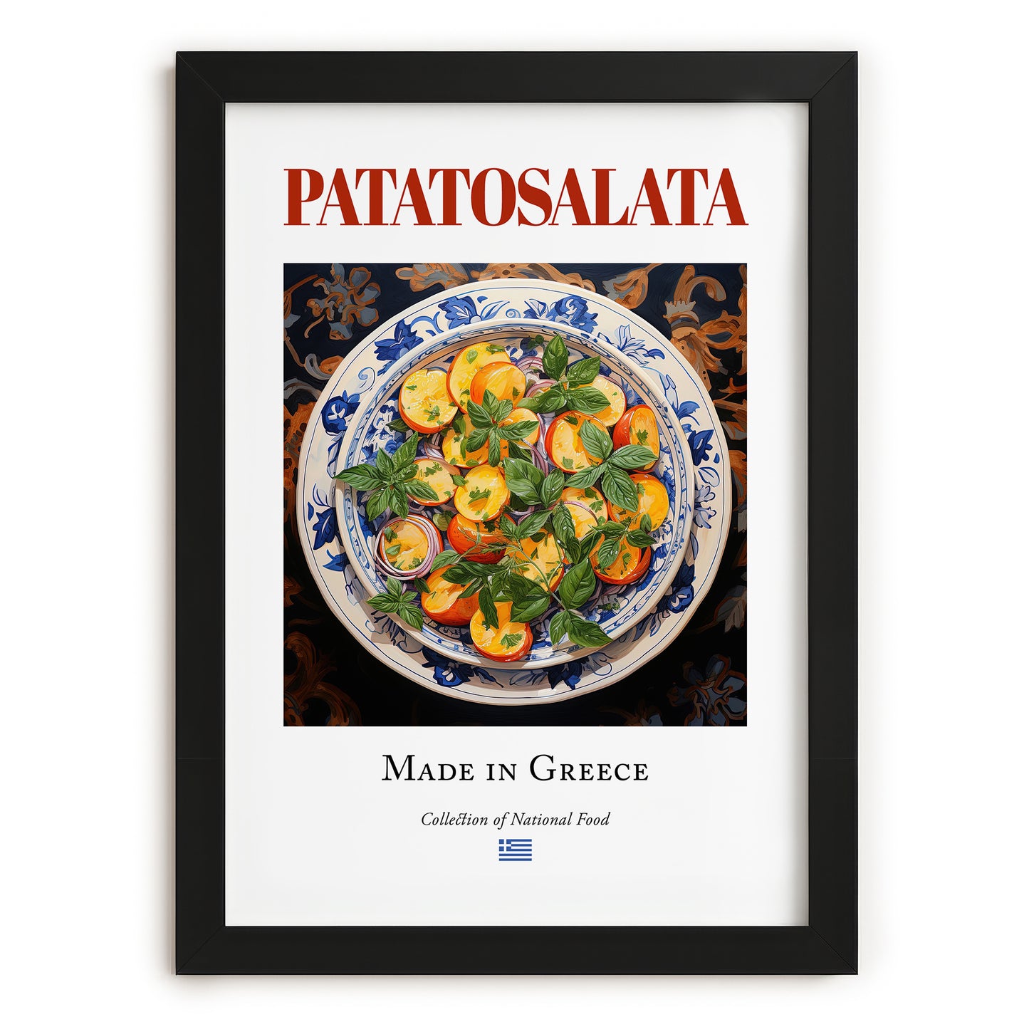 Patatosalata – Greek Salad Dish, Tavern Wall Art, in sleek black frame