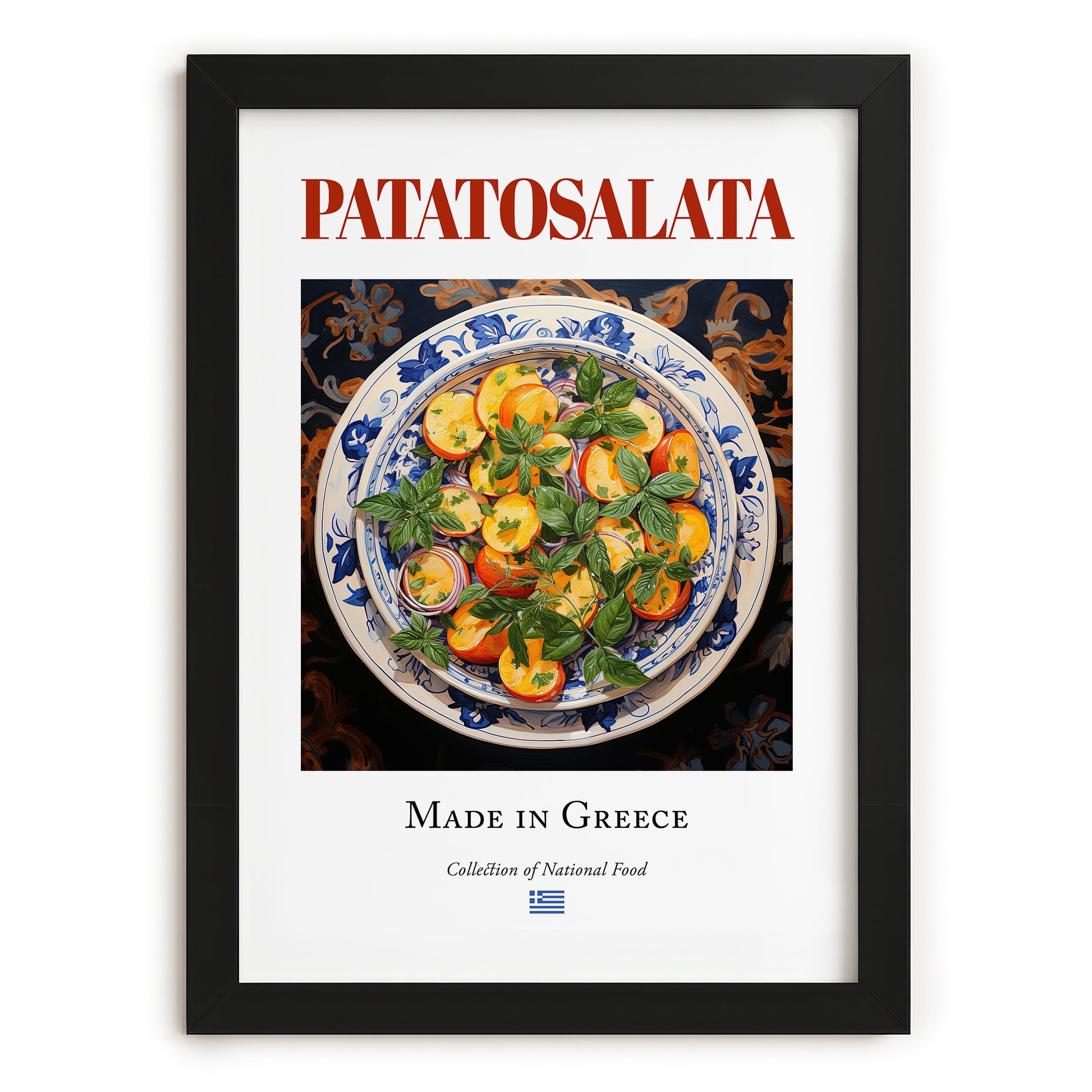 Patatosalata – Greek Salad Dish, Tavern Wall Art, in sleek black frame