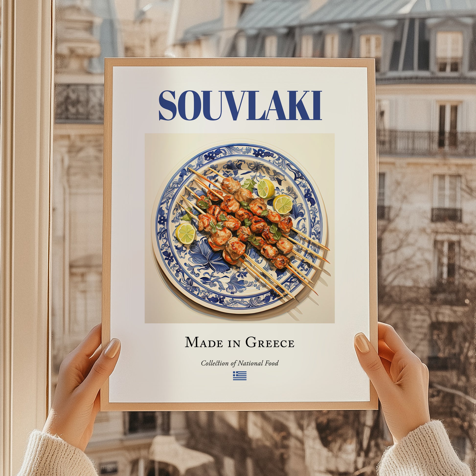 Souvlaki – Greek Meat Dish, Café Poster, styled in a charming Paris street view