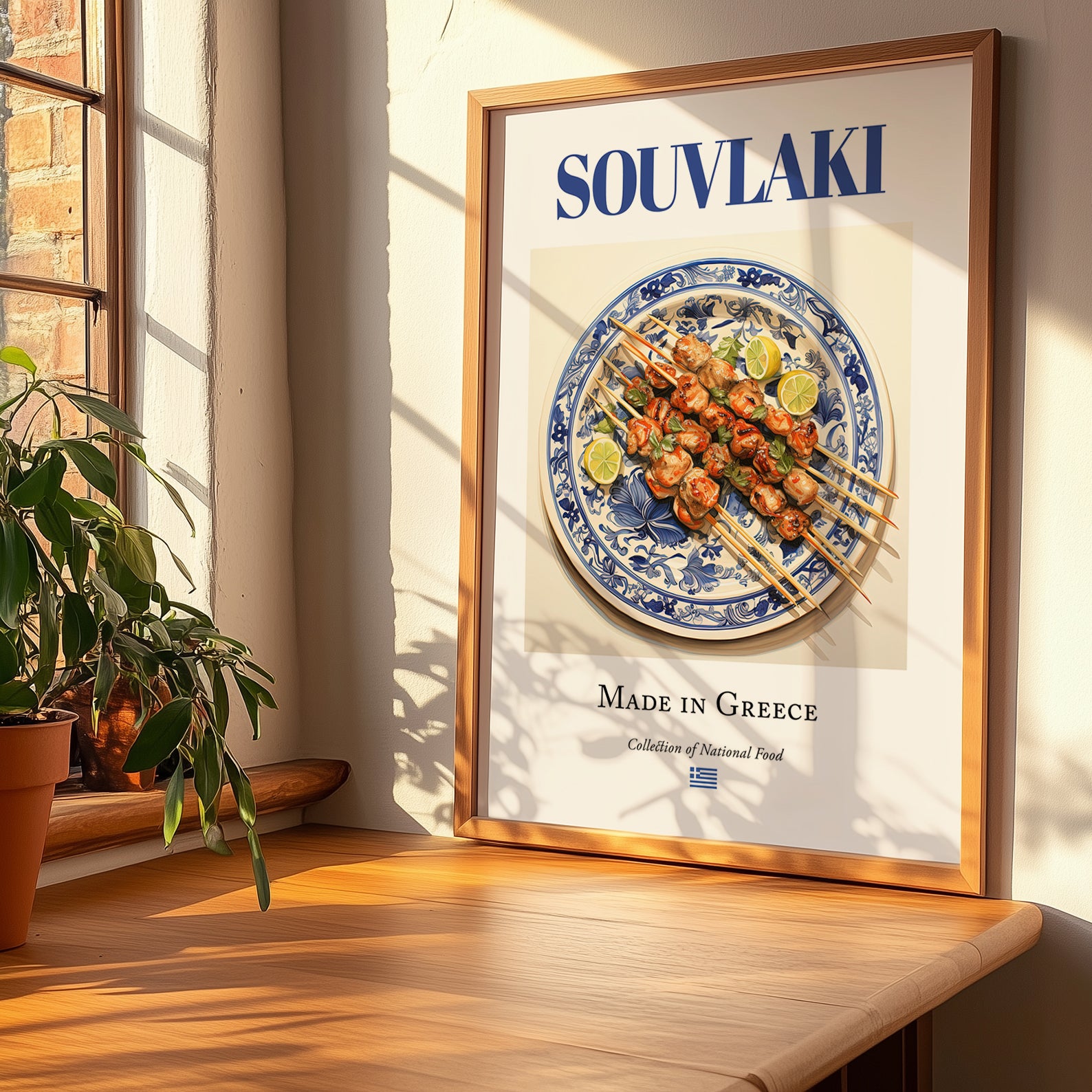 Souvlaki – Greek Meat Dish, Café Poster, no-text version framed in wood
