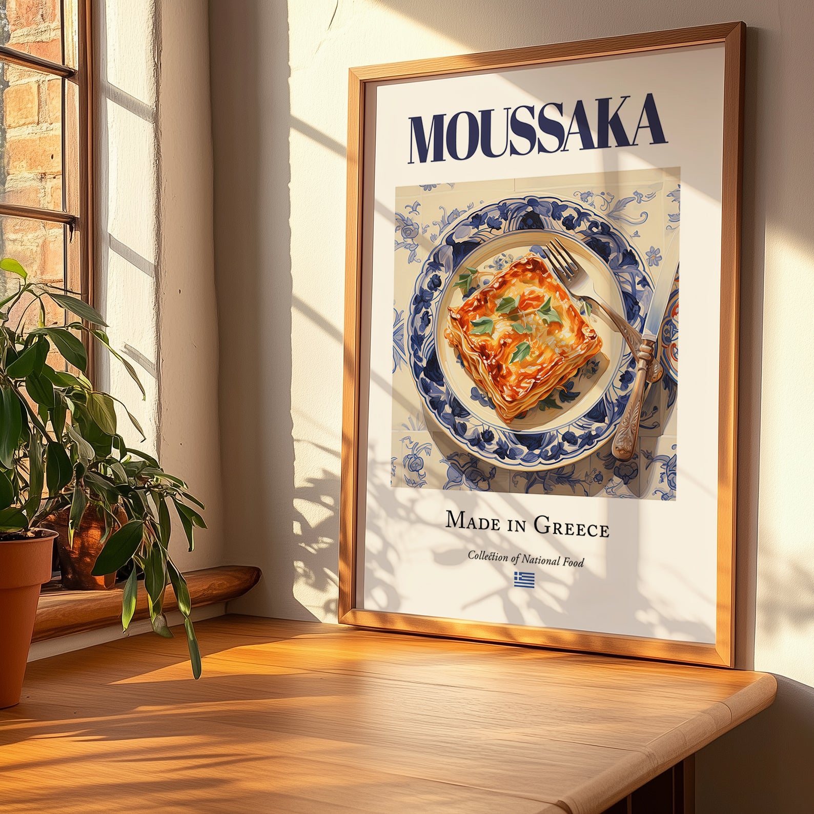 Moussaka – Greek Meat Dish, Restaurant Still Life, no-text version framed in wood