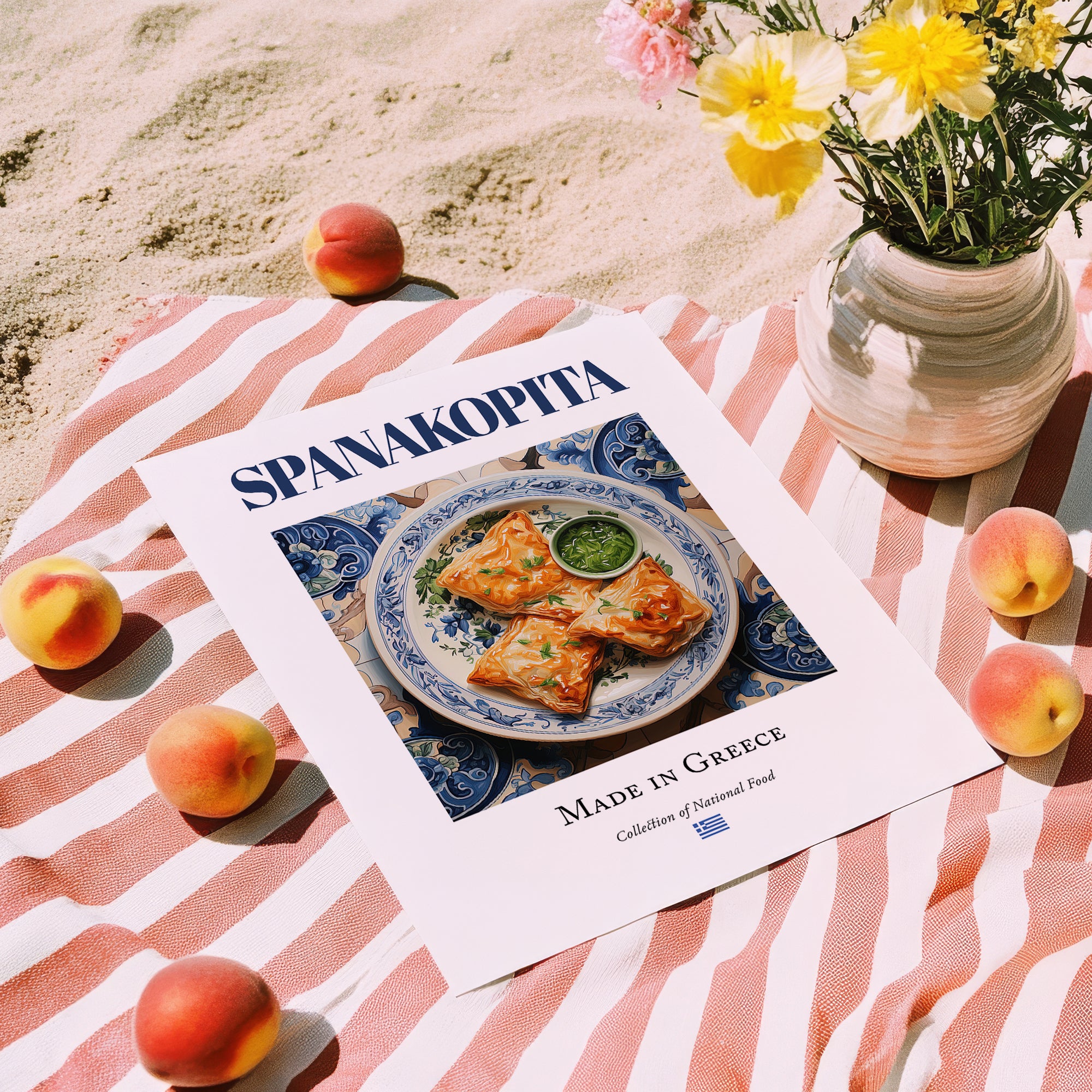 Spanakopita – Greek Dish, Restaurant Wall Decor, unframed on coastal sand