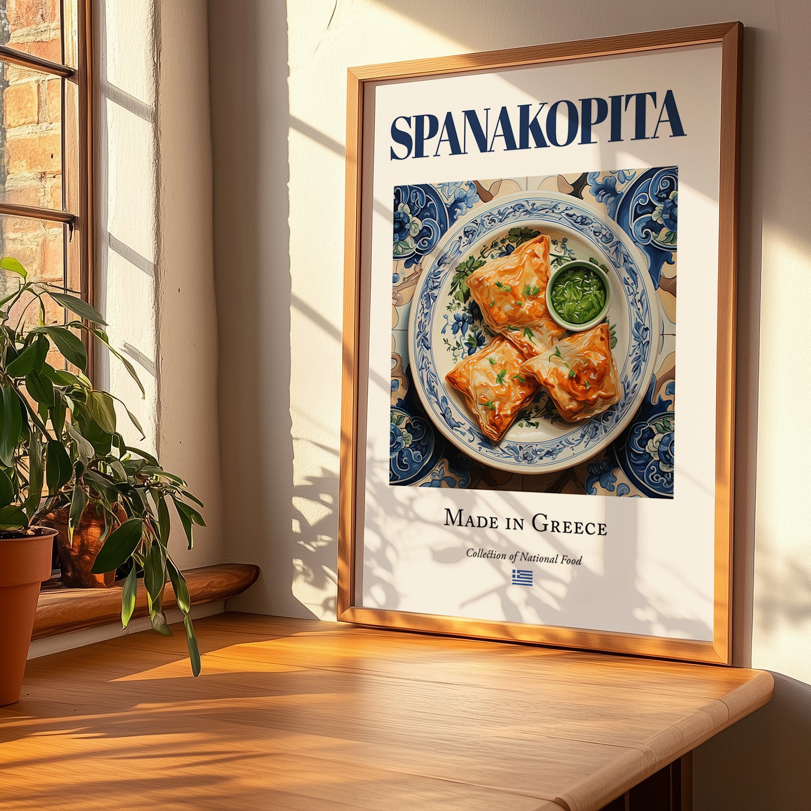 Spanakopita – Greek Dish, Restaurant Wall Decor, no-text version framed in wood