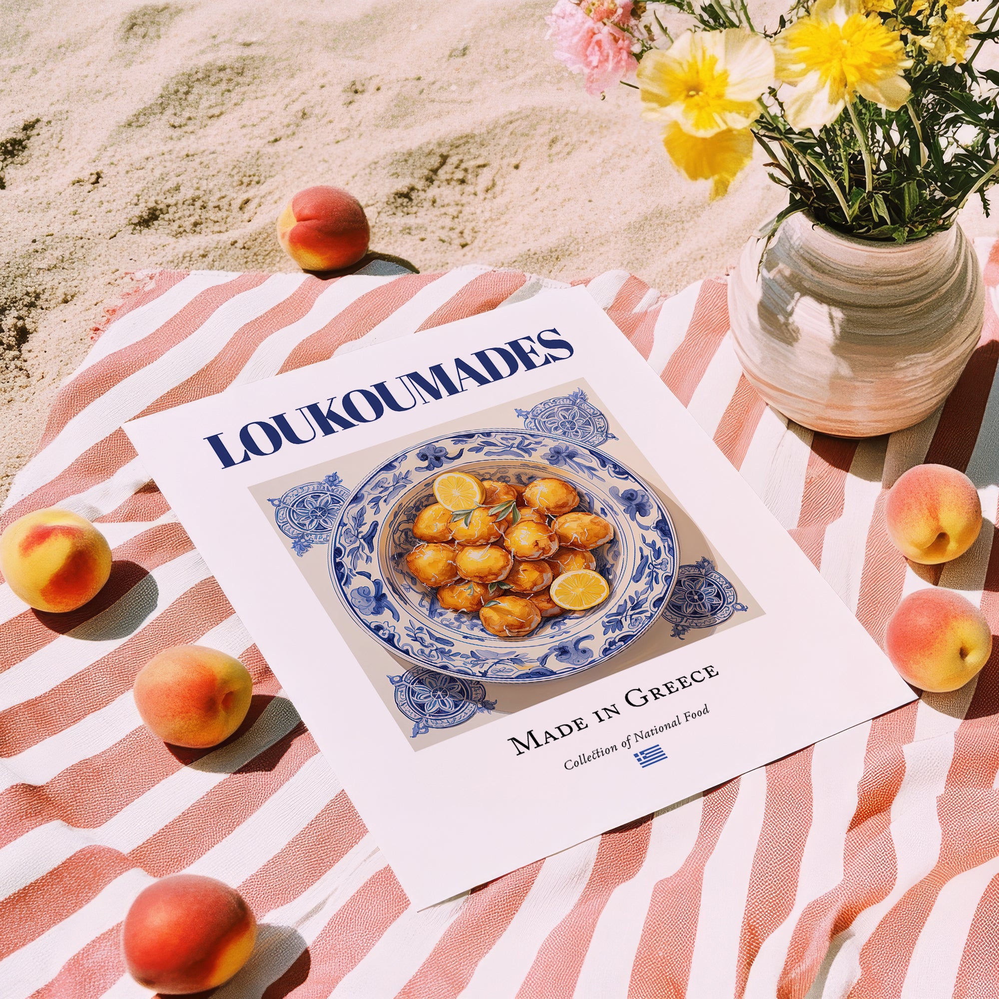 Loukoumades – Greek Dessert Dish, Farmhouse Kitchen Wall Decor, unframed on coastal sand