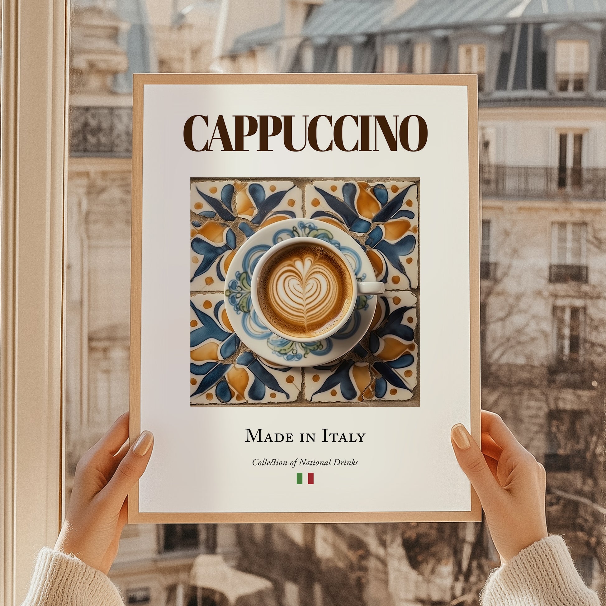 Cappuccino – Italian Coffee, Coffeehouse Still Life, styled in a charming Paris street view