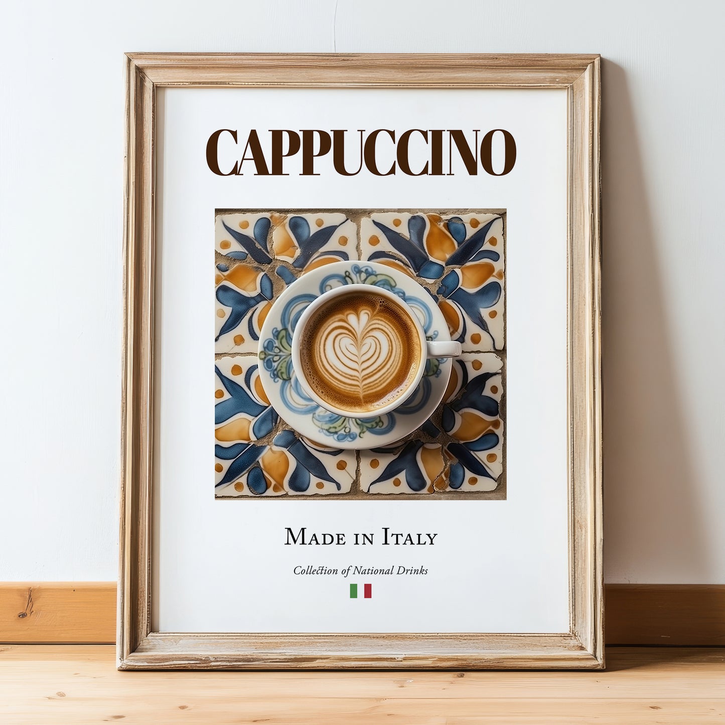 Cappuccino – Italian Coffee, Coffeehouse Still Life, in wooden frame leaning on the floor