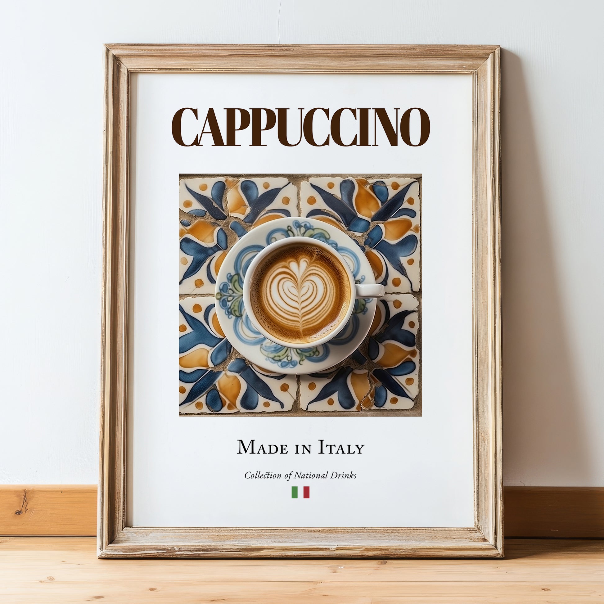Cappuccino – Italian Coffee, Coffeehouse Still Life, in wooden frame leaning on the floor