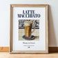 Latte macchiato – Italian Coffee, Book Café Print, in wooden frame leaning on the floor