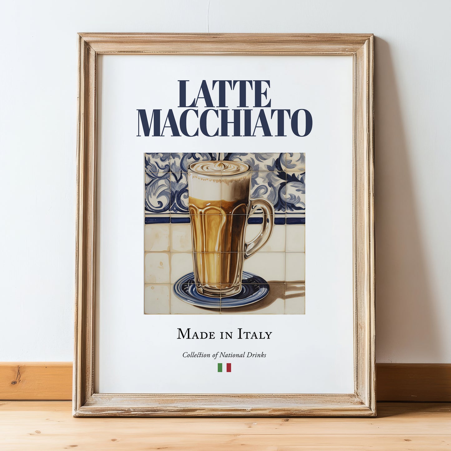 Latte macchiato – Italian Coffee, Book Café Print, in wooden frame leaning on the floor