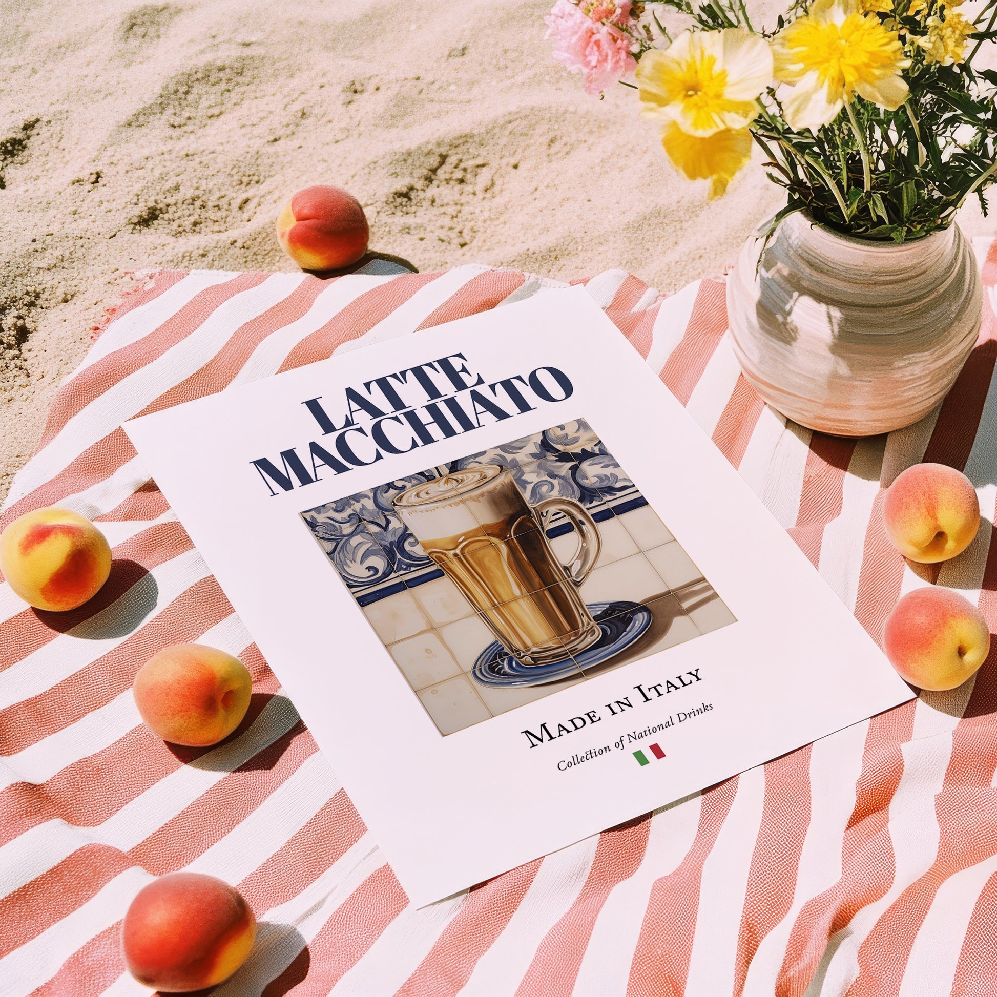 Latte macchiato – Italian Coffee, Book Café Print, unframed on coastal sand