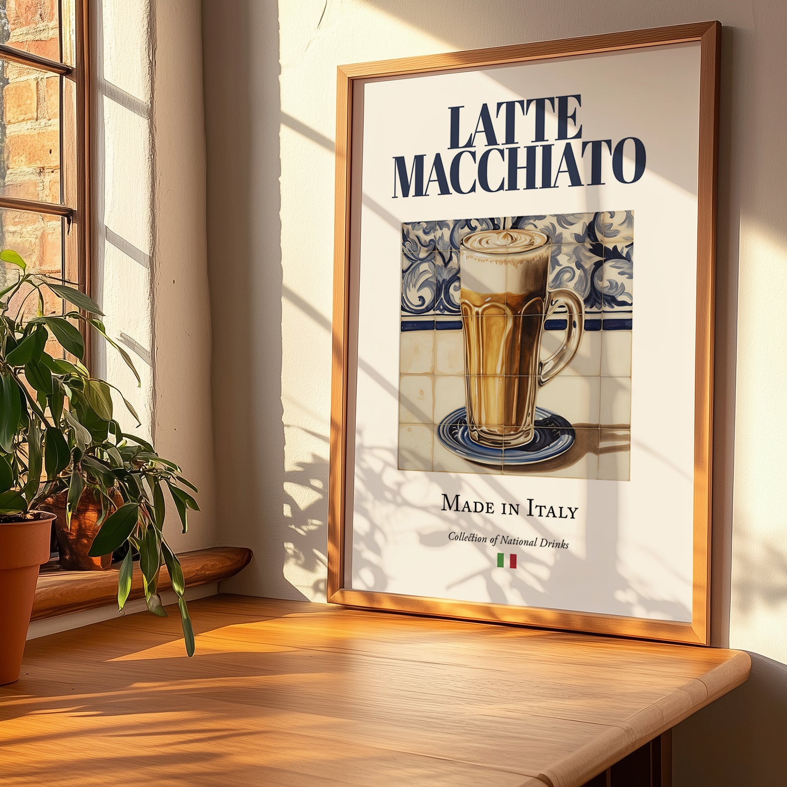Latte macchiato – Italian Coffee, Book Café Print, no-text version framed in wood