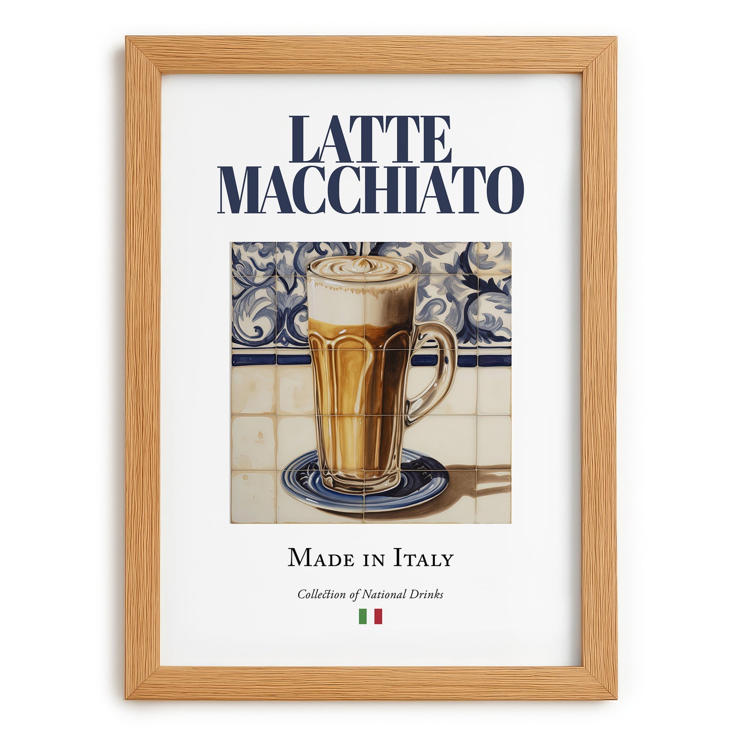Latte macchiato – Italian Coffee, Book Café Print, set in oak frame