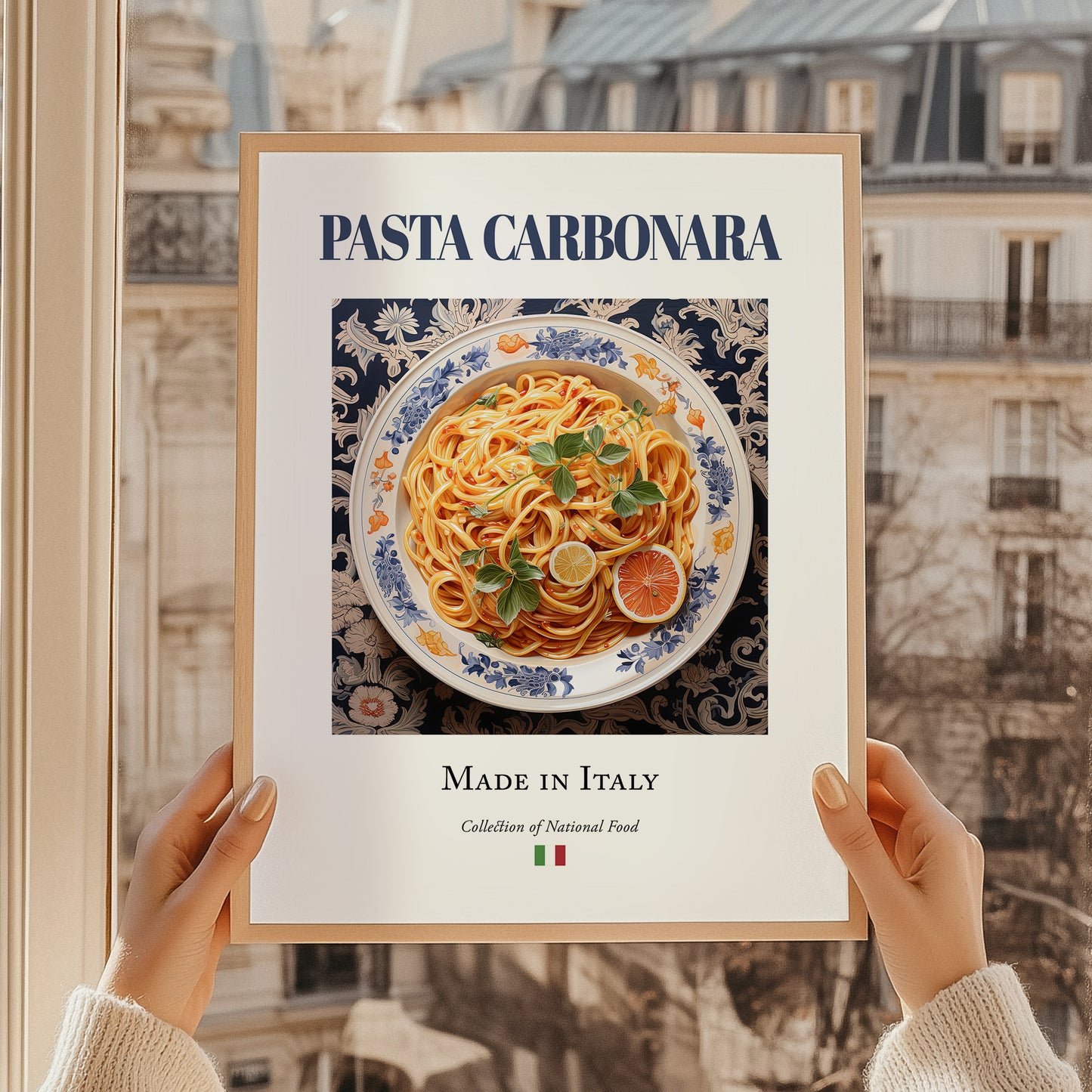 Pasta carbonara – Italian Pasta, Trattoria Wall Art, styled in a charming Paris street view