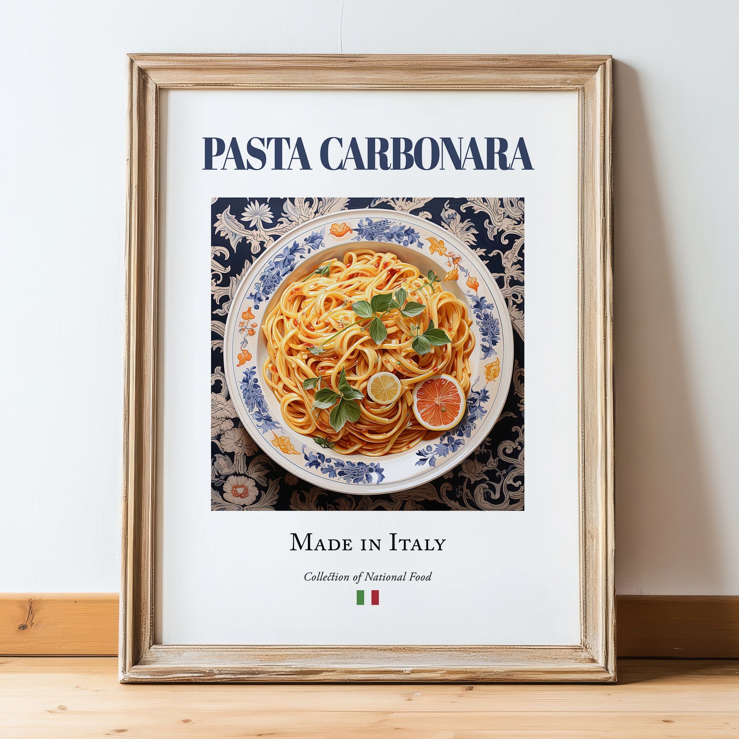 Pasta carbonara – Italian Pasta, Trattoria Wall Art, in wooden frame leaning on the floor
