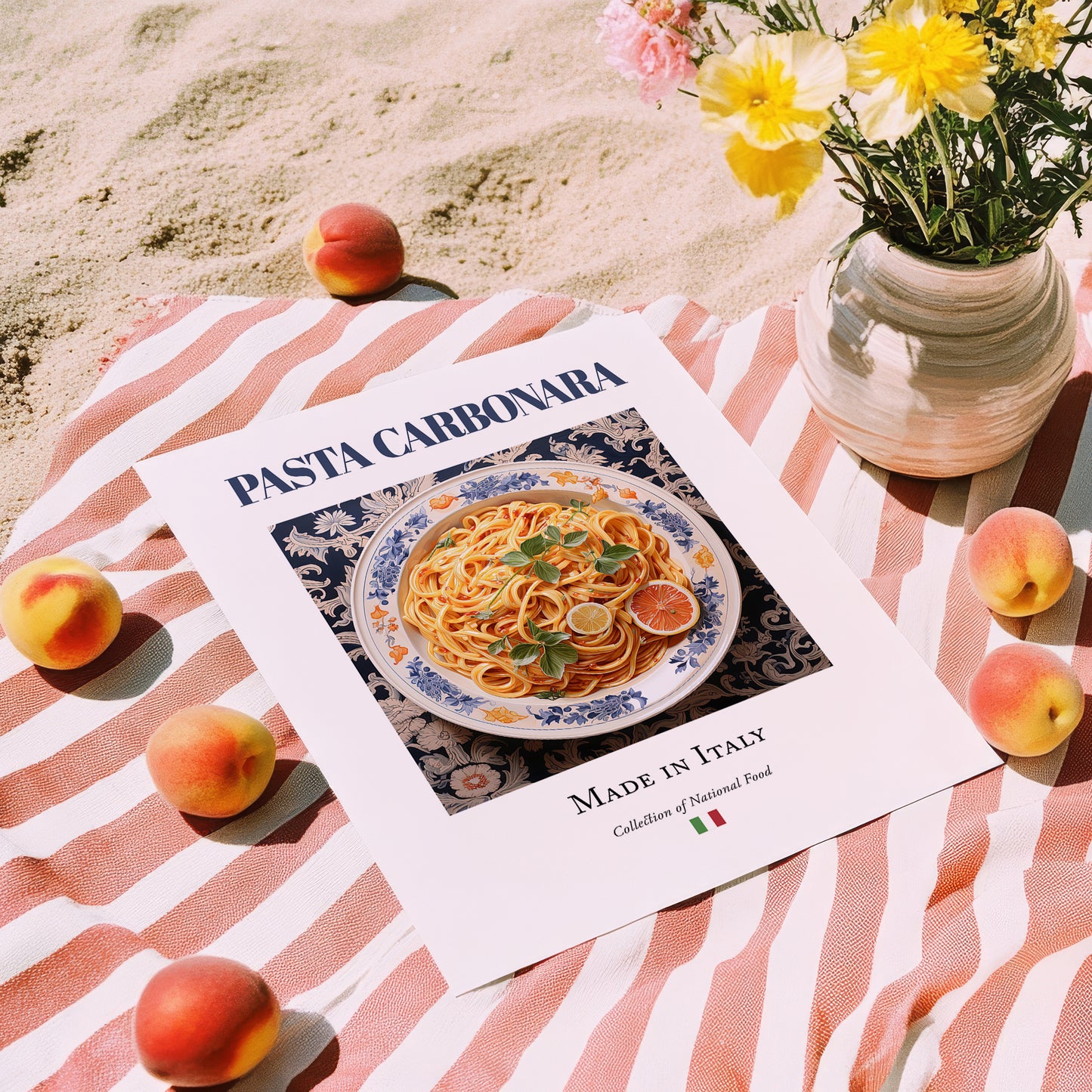 Pasta carbonara – Italian Pasta, Trattoria Wall Art, unframed on coastal sand