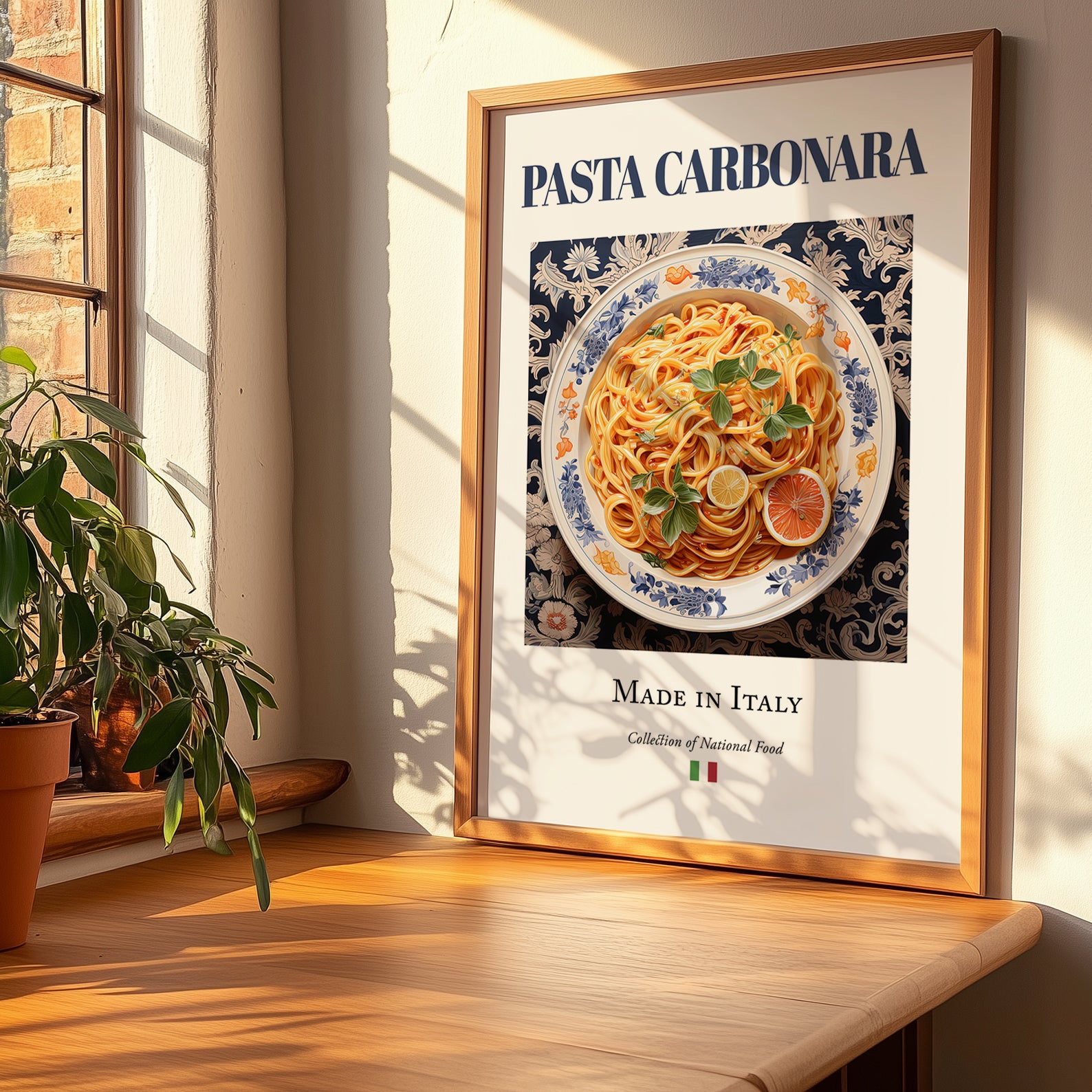 Pasta carbonara – Italian Pasta, Trattoria Wall Art, no-text version framed in wood