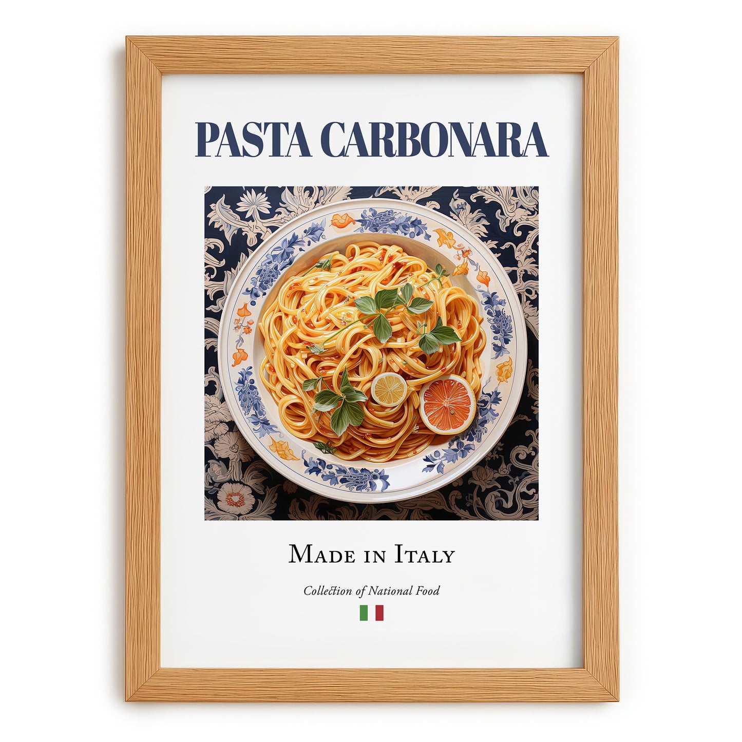 Pasta carbonara – Italian Pasta, Trattoria Wall Art, set in oak frame
