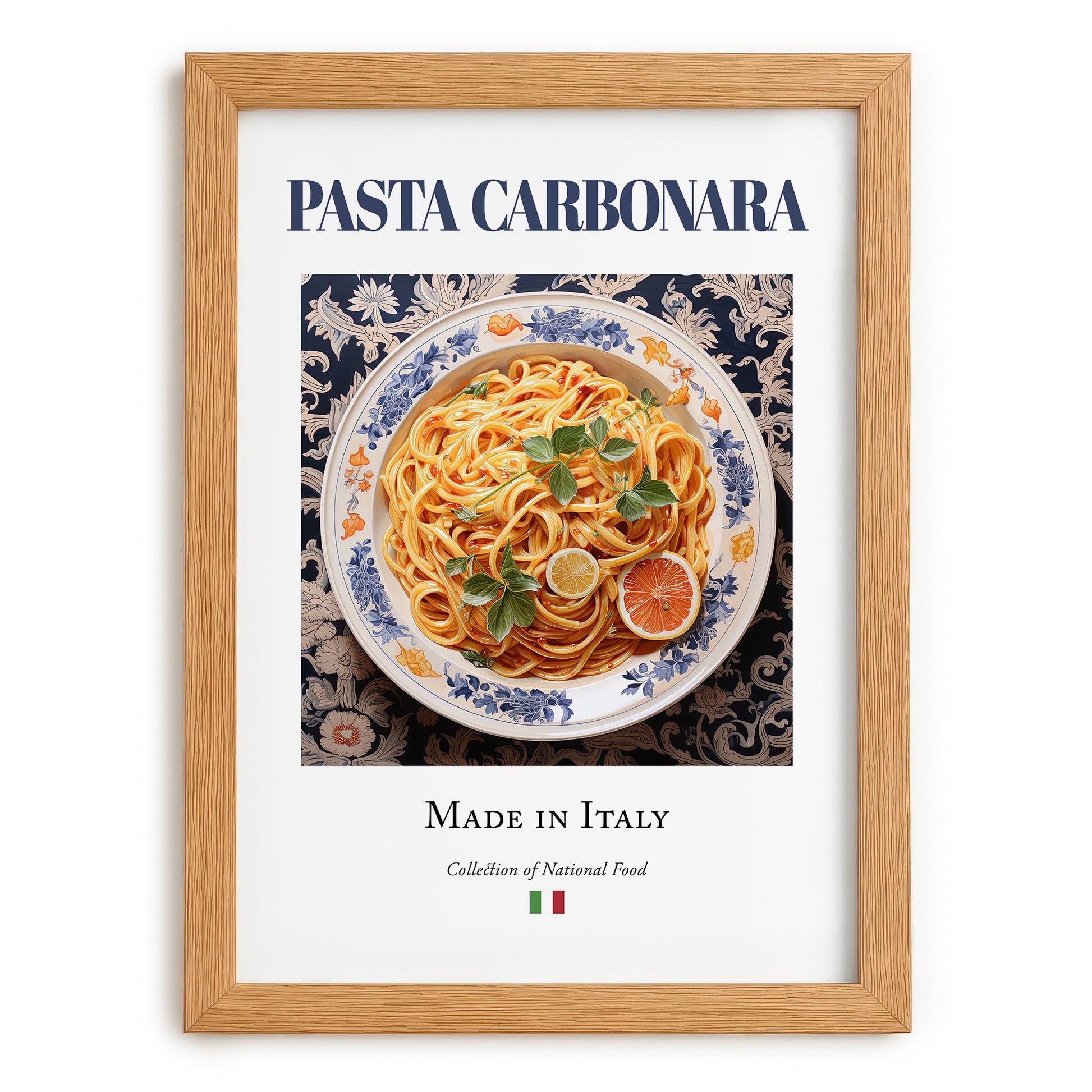 Pasta carbonara – Italian Pasta, Trattoria Wall Art, set in oak frame