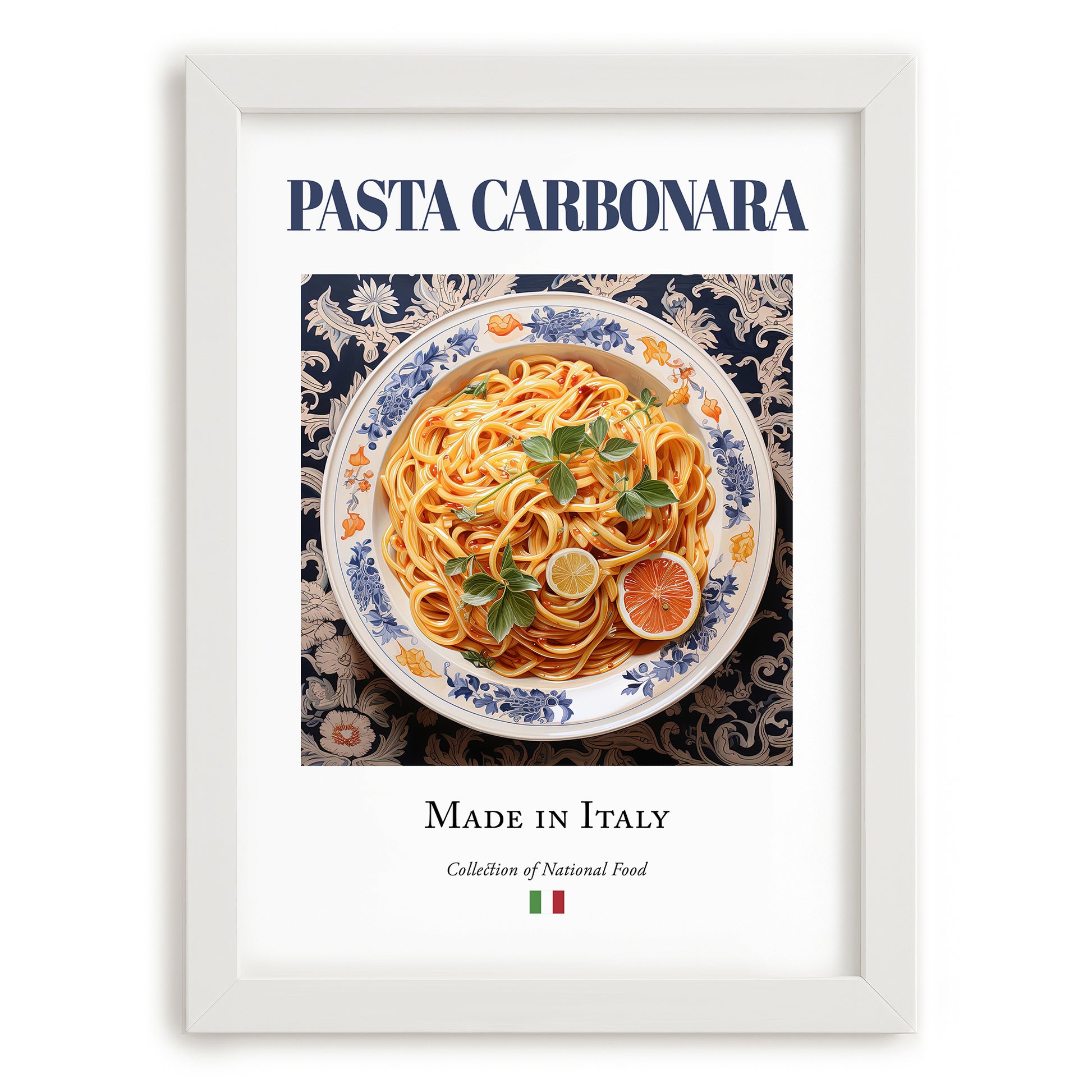 Pasta carbonara – Italian Pasta, Trattoria Wall Art, placed in minimal white frame