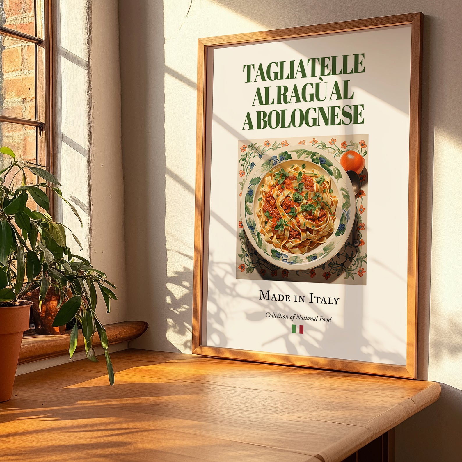 Tagliatelle al ragù alla Bolognese – Italian Pasta, Trattoria Poster, no-text version framed in wood