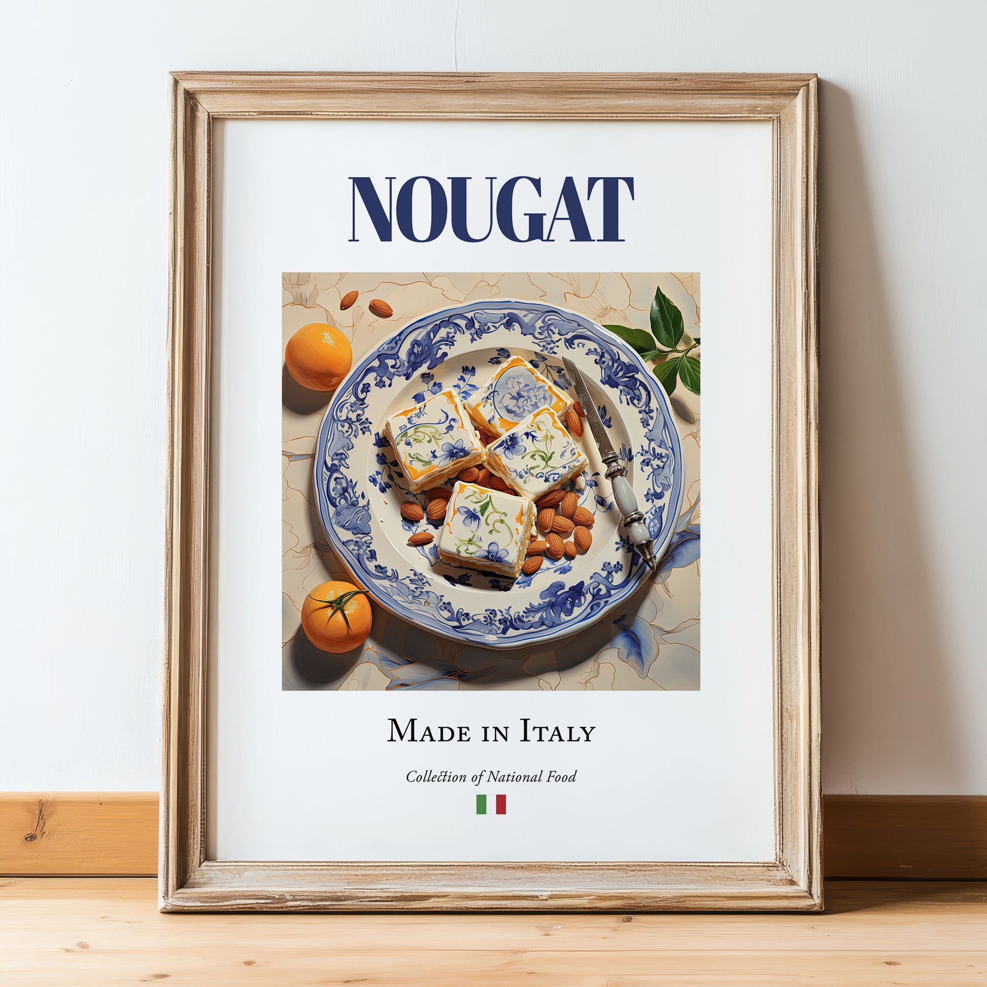 Nougat – Italian Dessert Dish, Restaurant Print, in wooden frame leaning on the floor