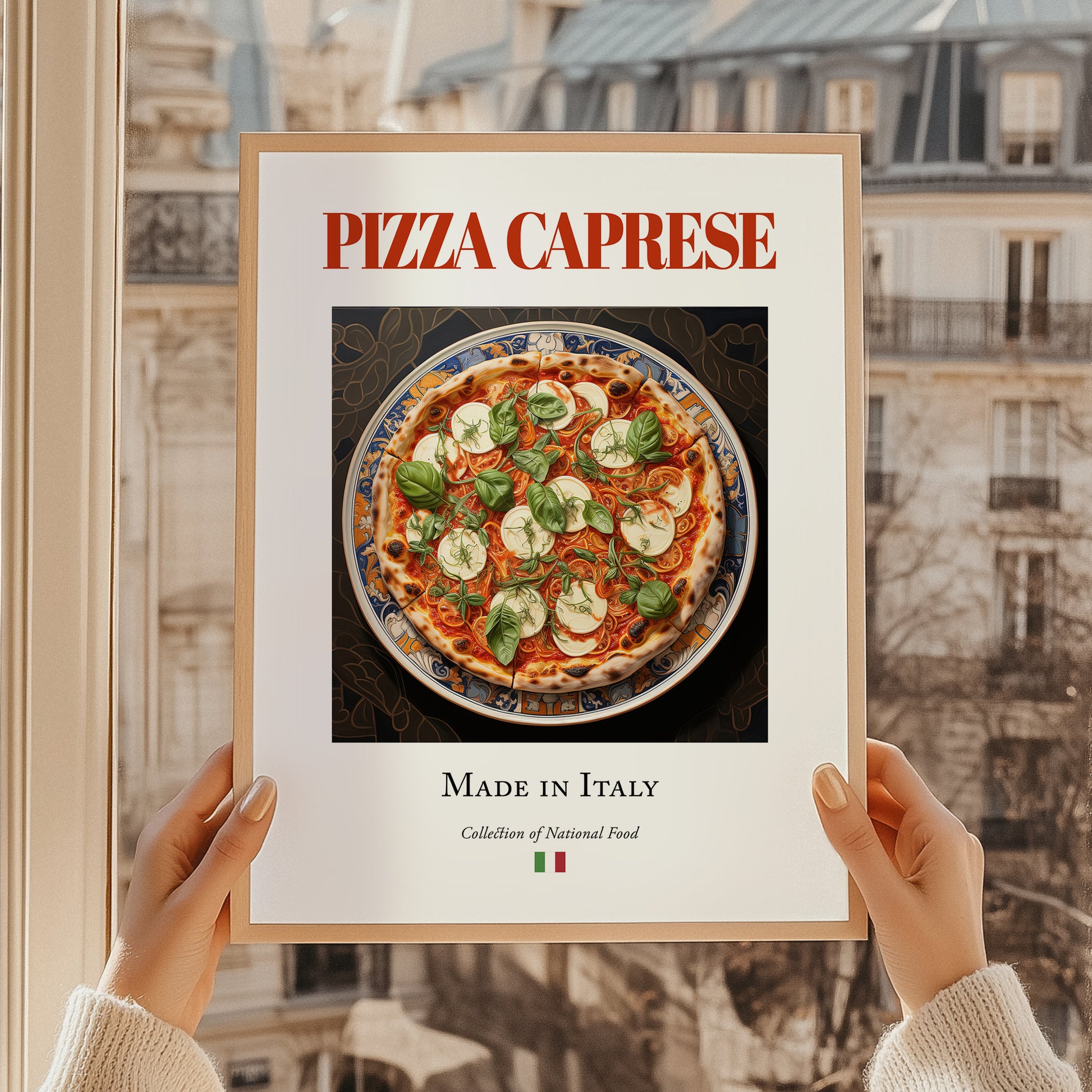 Pizza Caprese – Italian Pizza, Restaurant Illustration, styled in a charming Paris street view