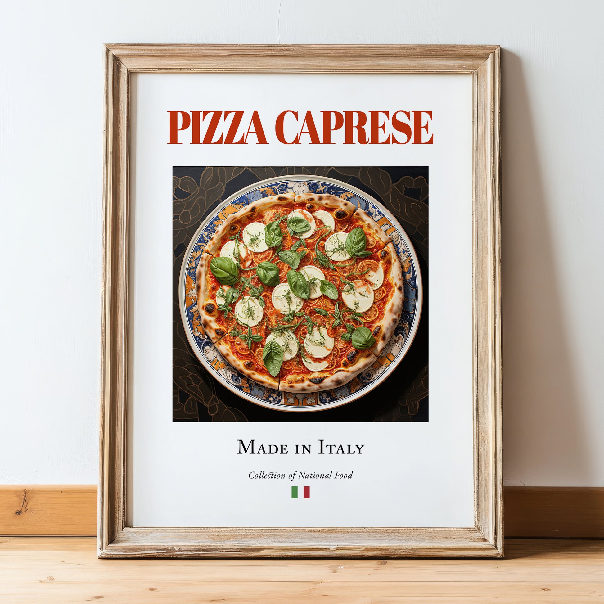 Pizza Caprese – Italian Pizza, Restaurant Illustration, in wooden frame leaning on the floor