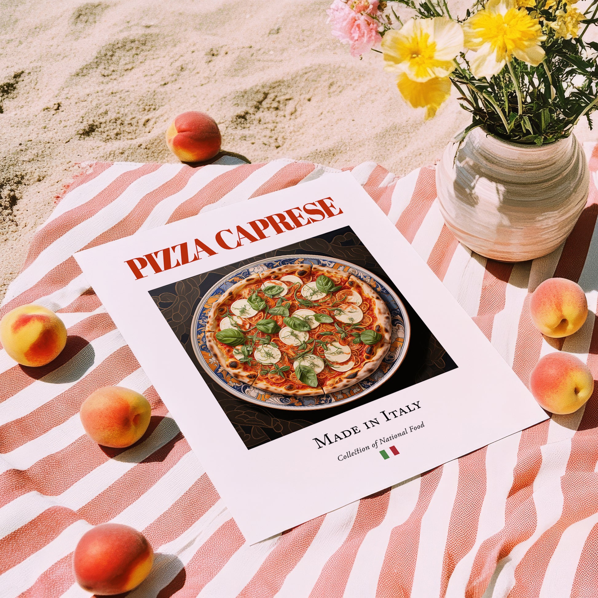 Pizza Caprese – Italian Pizza, Restaurant Illustration, unframed on coastal sand
