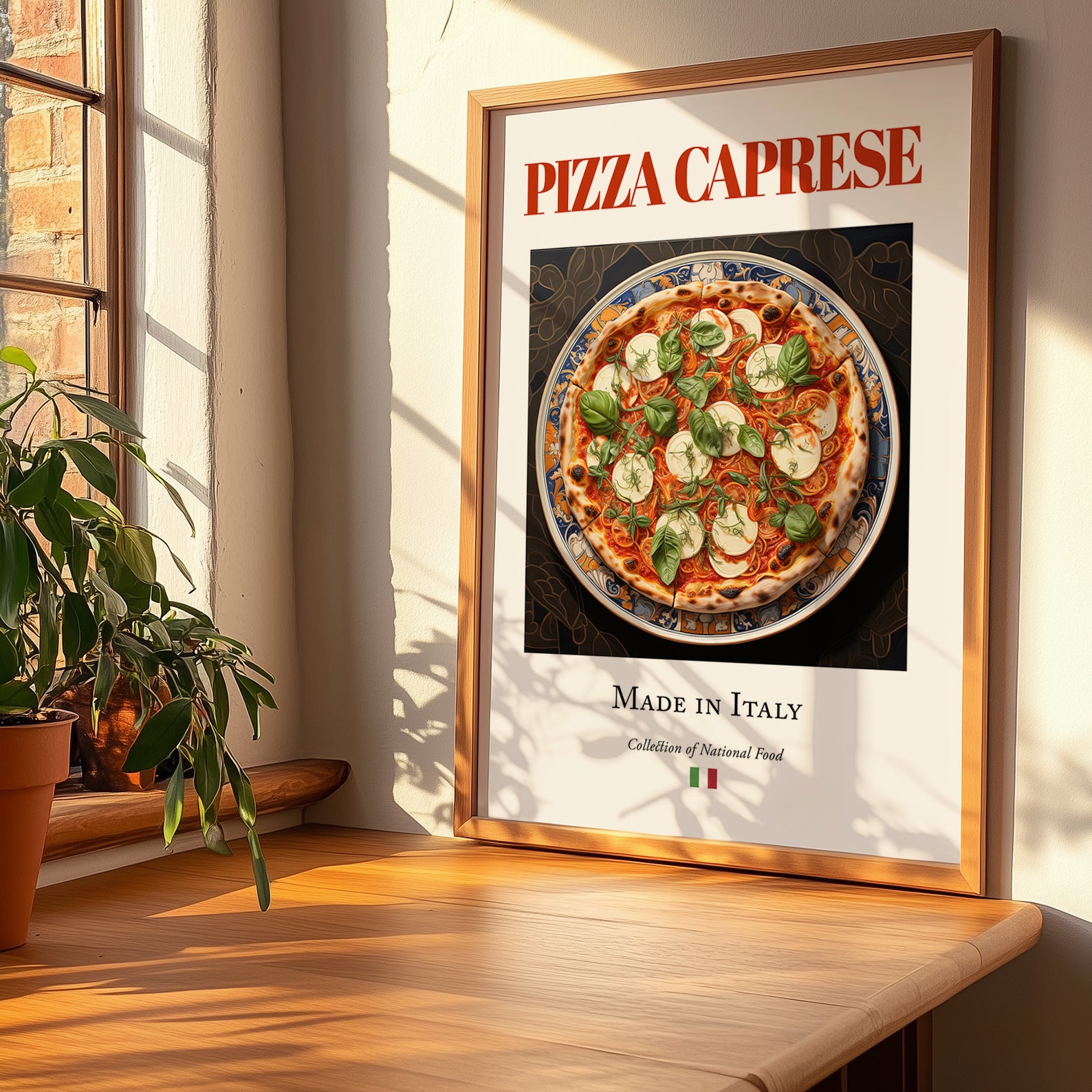 Pizza Caprese – Italian Pizza, Restaurant Illustration, no-text version framed in wood