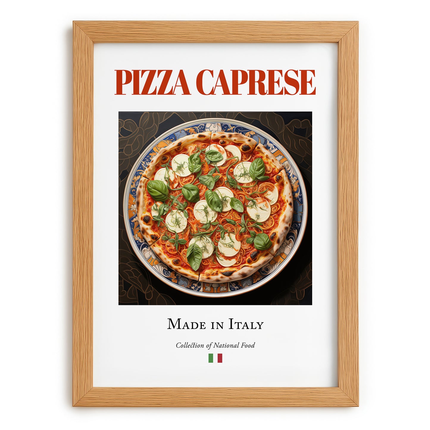 Pizza Caprese – Italian Pizza, Restaurant Illustration, set in oak frame