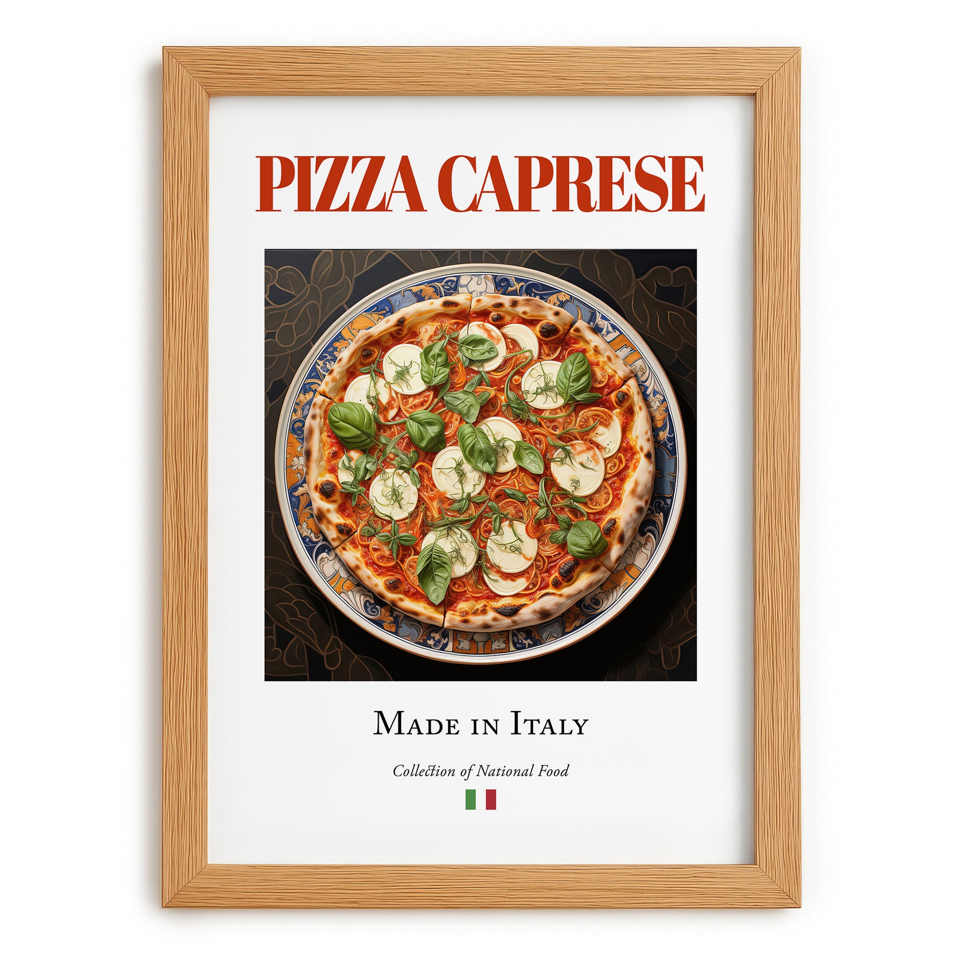 Pizza Caprese – Italian Pizza, Restaurant Illustration, set in oak frame