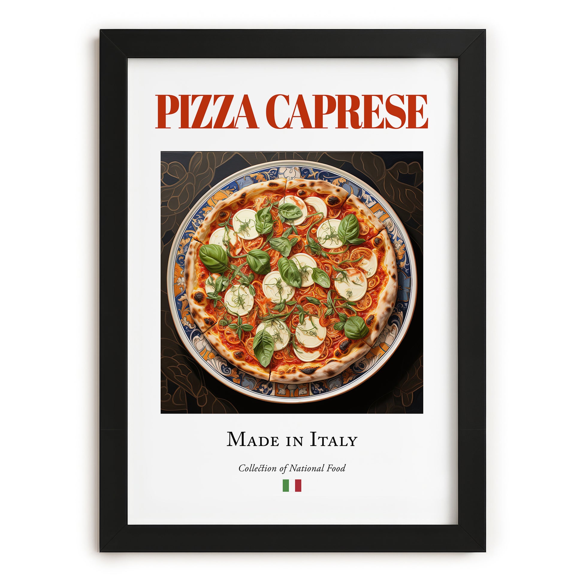 Pizza Caprese – Italian Pizza, Restaurant Illustration, in sleek black frame
