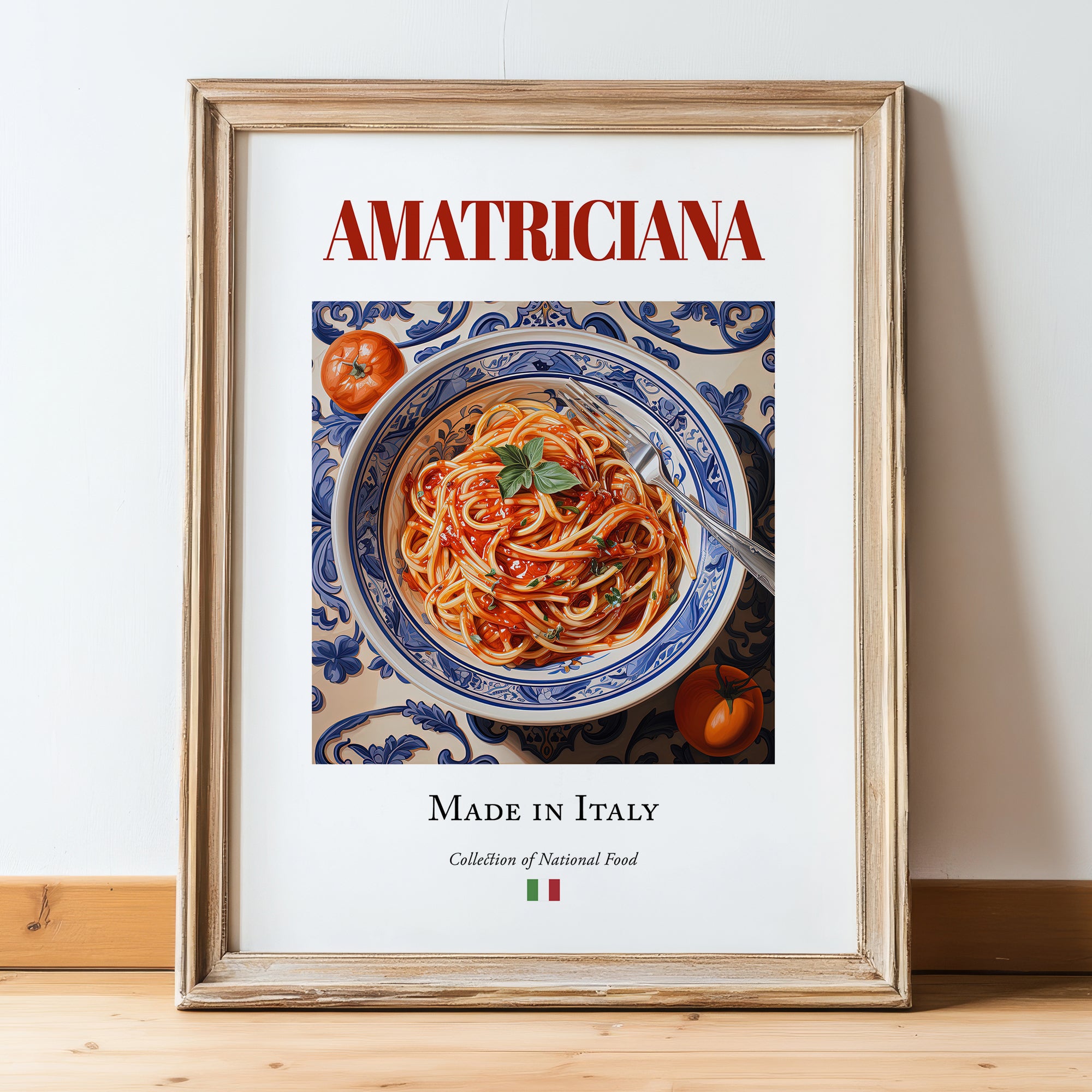 Amatriciana – Italian Pasta, Ristorante Print, in wooden frame leaning on the floor